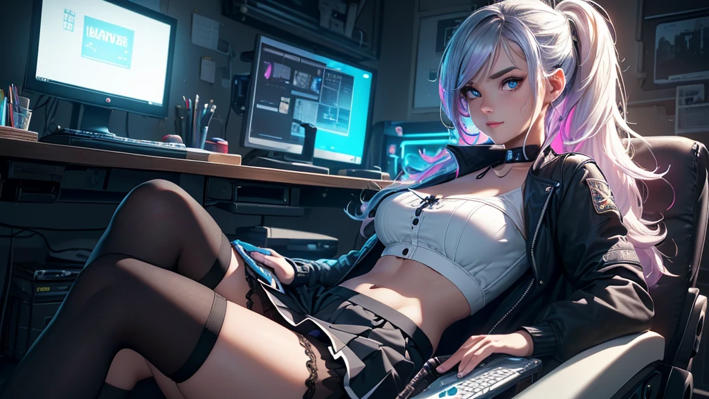 ultra-detailed, cute woman, petite stature, enormous breasts, white skin, alluring figure, rainbow hair, long messy hair, long upper eyelashes, eyebrows behind hair, upturned eyes, light blush, seductive smile, background((dark and messy gaming room, Server Machine, neon lights, Braces, some Computer screen, notebook)), messy paper, flight, Debris flying, writing border depth, Movie, Finished lunch box, Cup drinks, (((seated in a gaming chair))), ((sitting behind a computer)), ((Cross the feet)), (engrossed in staring at the computer screen:1.4), ((hands moving on the keyboard)), , , ((Blue jacket)), Open one shoulders, ((black short bandeau top)), ((white skirt), ((black thigh-high stockings)), ((screen light)), HDR, Premium shadow, Perfect painting, visual art, Perfect art, super detail, chiaroscuro, Best quality, super textured skin, super detail face, perfect face, Super fine facial details, beautiful and delicate eyes, perfect eyes, correct limbs, correct finger, super detail finger, best hair quality, best clothing quality, (((best prop quality))), ccurate, highres, super detail, masterpiece,, (photorealistic:1.3)