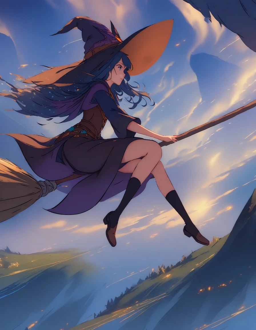 1girl, flying witch, (sit on a broom:1.5), witches flying in the sky with their brooms and hats, wraiths riding in the sky, sky witch, flying on the broom, rob rey, by Alexander Kucharsky, fantasy illustrations, fantasy illustration, wlop and rhads, flying in sky, high fantasy illustration, jen bartel, fantasy art behance, fantasy book illustration . (masterpiece), (best quality), (ultra-detailed), very aesthetic, illustration, disheveled hair, perfect composition, moist skin, intricate details, anime artwork, anime style, visual, vibrant, studio anime, highly detailed, aesthetic