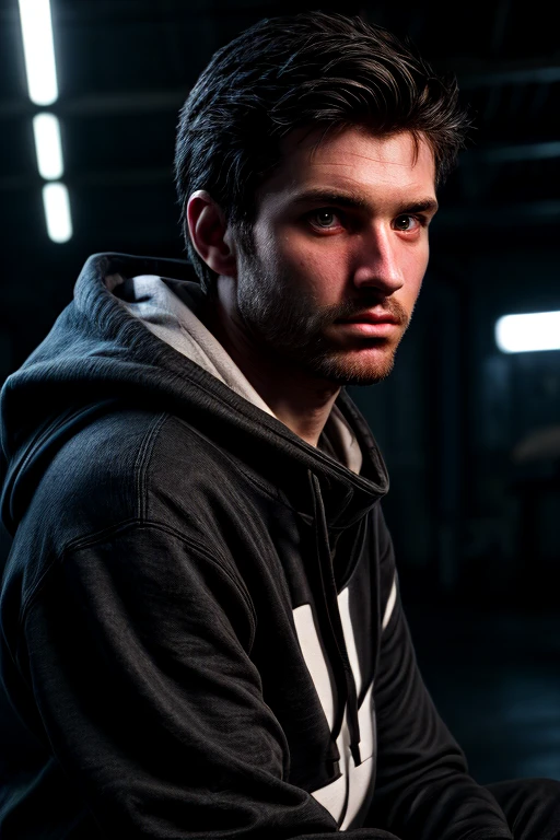 American man, black hair, black hoodie, black trousers, stubble, lighting cinematic, eyebags, pale skin, 4K, HD res, detailed, shabby face, blue lighting, looking at the camera, side angle