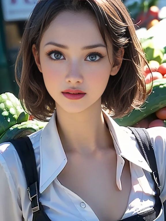 (best quality, 8k, highres, photorealistic:2.0), (solo, one girl:2.0),(photo taken using flash:1.9),(brighten the subject:1.8),(ultimate beautiful girl:2.0),(shiny skin),(oily skin),(blonde girl:1.5),(short hairstyle:1.5),(cool beauty:2.0),Blush brown makeup , dark eye makeup , use pink glossy lipstick,(big beady eyes girl:1.5),(droopy-eyes girl:1.5),(blue eyes:1.5),(thin girl:1.5),(baby face girl),(sex appeal),(sweet smelling girl),(Photographed at a greengrocer:1.8),(A girl who works part-time at a greengrocer:1.3),(she works for low wages:1.5),(kind-hearted woman:1.5),(she has a nice smile:1.3),(woman with a happy look:1.3),(she is very sociable),(from a very poor family:1.5),(virgin girl),(She is a secret pervert.),(she covertly lewd),(she looks so erotic),(Preserve virginity for devout Christians),chuuChloe,(Breast cleavage emphasis),(A woman with very soft breasts),(woman fantasizing about sex),(allurement),(bewitching pose),(I love masturbating),(impressive eyes),(clean open collar shirt),(holding a cucumber)