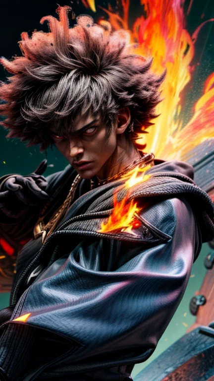 a close up of a person with a black face, Afro American man, black twisted Afro, black hair, muscular, God, Face resembling Rhea Ripley, warrior energy, black long sleeve shirt with silver embroidered typography on sleeve, Crimson Red Flame Aura,Nebular Diamond link chain draped around neck, anime art wallpaper 4 k, high resolution, beast form,anime art, black man, glowing eyes, muscular,badass anime 8 k, anime epic artwork, 4 k manga wallpaper, ultra hd anime wallpaper