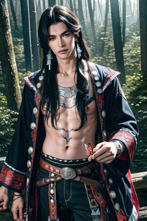 Masterpiece, best quality, 8k, CG, HDR, Side lighting, Cowboy Shot, hair tie, Mznan, handsome man, (look at viewer:1.3), collarbone, long hair, decorations, bracelet, long sleeve, tattoo, particle, butterfly, sky, forest, 