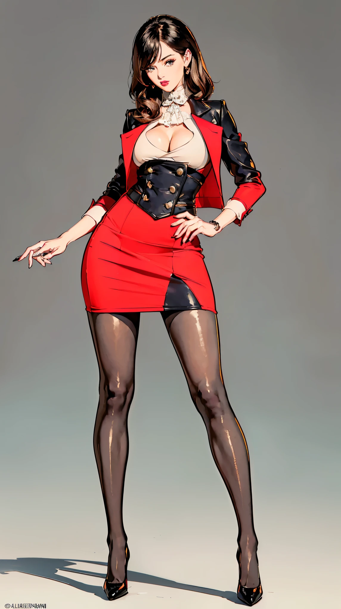 ((best quality,4k,highres,masterpiece:1.2)),((character concept art)), 1 female, age 24. Known for her provocative style and high sexual desire, Ashley embodies the role of a dynamic and captivating anchorwoman. Her body language is as commanding as her looks, always exuding confidence and sensuality. (((She's wearing a bright red Valentino Garavani Crepe Couture Double-Breasted Jacket that highlights her augmented figure, perfectly embodying the balance between luxury and functionality. The jacket is paired with a white blouse and a matching red pencil skirt))). (((She enhances her look with laced stockings and sky-high Christian Louboutin heels))), carrying her ensemble with an air of unapologetic confidence. Her accessories include a Chanel pendant necklace that rests on her ample cleavage. ((intricate detail)), super finely detailed hands, ultra finely detailed fingers(((ten fingers))), (standing confidently), (full body showcase), (show full body), (no logos on background), (no logo), ((plain background)), ((plain background)), (((empty background))).