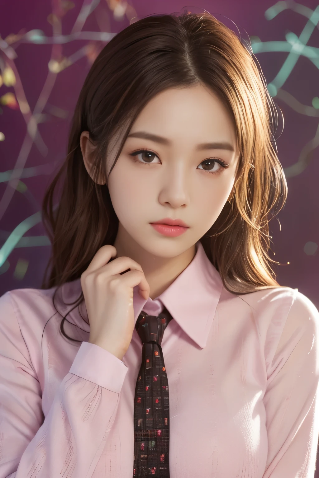 (1 girl:1.3), break, half body shot, Japanese, 17 year old supermodel, Chubby body type, Plump, high school girl, (From the side), (highest quality:1.4), 32K resolution, (realistic:1.5), (Super realistic:1.5), High resolution 32k UHD, (masterpiece:1.2)), (Improvement of quality:1.4), (very beautiful facial details), (Highest quality realistic skin texture:1.4), (perfect anatomy:1.2), (Are standing:1.37), break, Raise the hand, (((school uniform, patterned ribbon tie, pink collared long sleeve shirt:1.15))), red plaid pleated skirt,  break, Do not emphasize the top of the bust, ((In the classroom:1.15)), precise fingers, Super detailed, symmetrical eyes, view audience,natural makeup, ((A good eye for quality:1.2)), (tired, sleepy and satisfied:0.0), (fine lips:1.33), (fine nose:1.2), ((Physically based rendering of the background:1.37)), crooked:1.2, big breasts), (heavy chest:1.1, Plump lower body), brown hair, (wavy hair:1.37), anxious face, Gentle light hits your face and body。, epic and emotional movie lighting