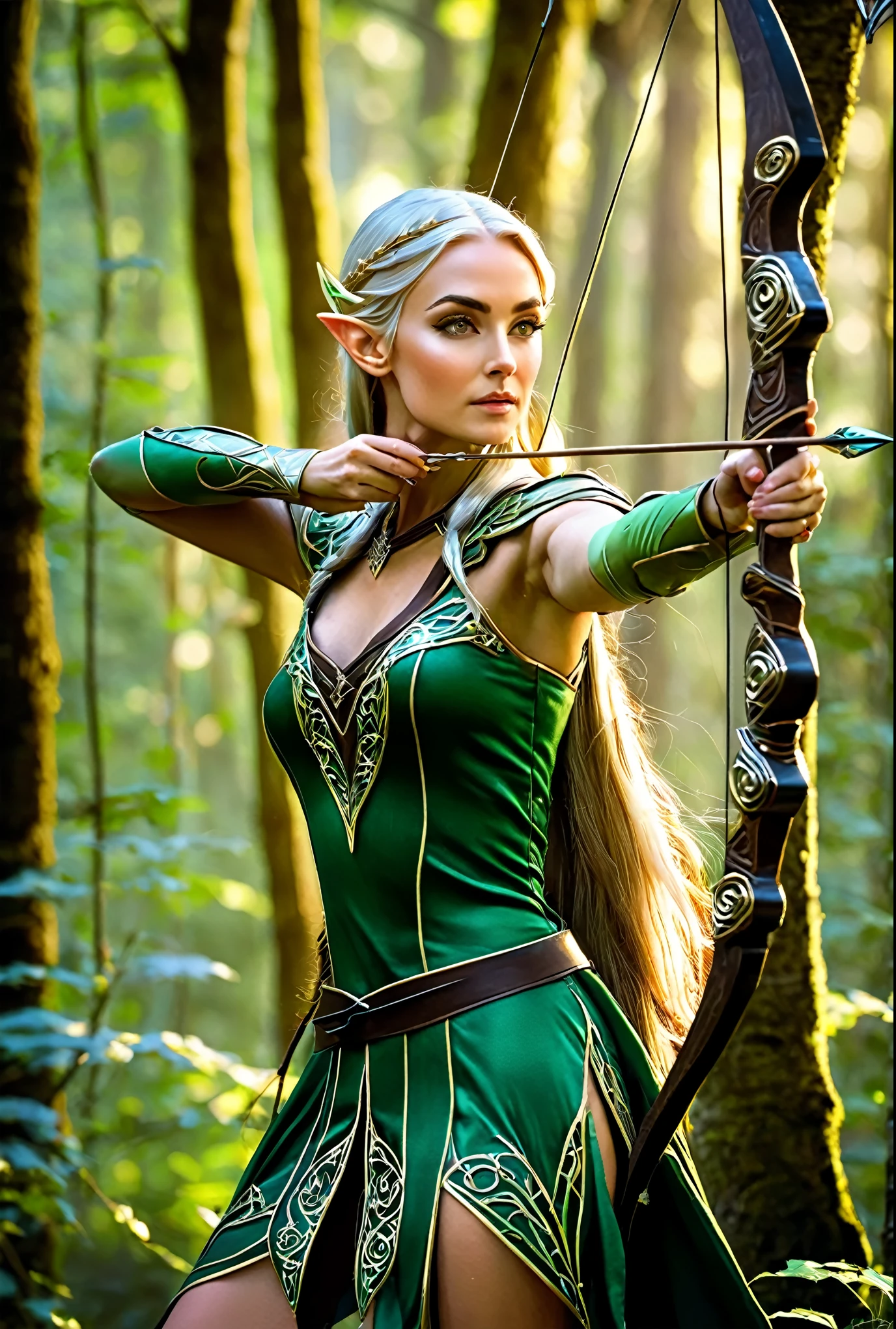 woman in green dress holding a bow and arrow in the woods, female forest archer, elven warrior princess, centered elven, very beautiful elven top model, epic elven warrior, beautiful wood elf, elven, elven princess, with bow and arrow, alluring elf princess knight, wood elf, greatest elven warrior, female elf, beautiful elven princess