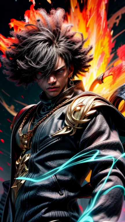 a close up of a person with a black face, Afro American man, black twisted Afro, black hair, muscular, God, Face resembling Rhea Ripley, warrior energy, black long sleeve shirt with silver embroidered typography on sleeve, Crimson Red Flame Aura,Nebular Diamond link chain draped around neck, anime art wallpaper 4 k, high resolution, beast form,anime art, black man, glowing eyes, muscular,badass anime 8 k, anime epic artwork, 4 k manga wallpaper, ultra hd anime wallpaper