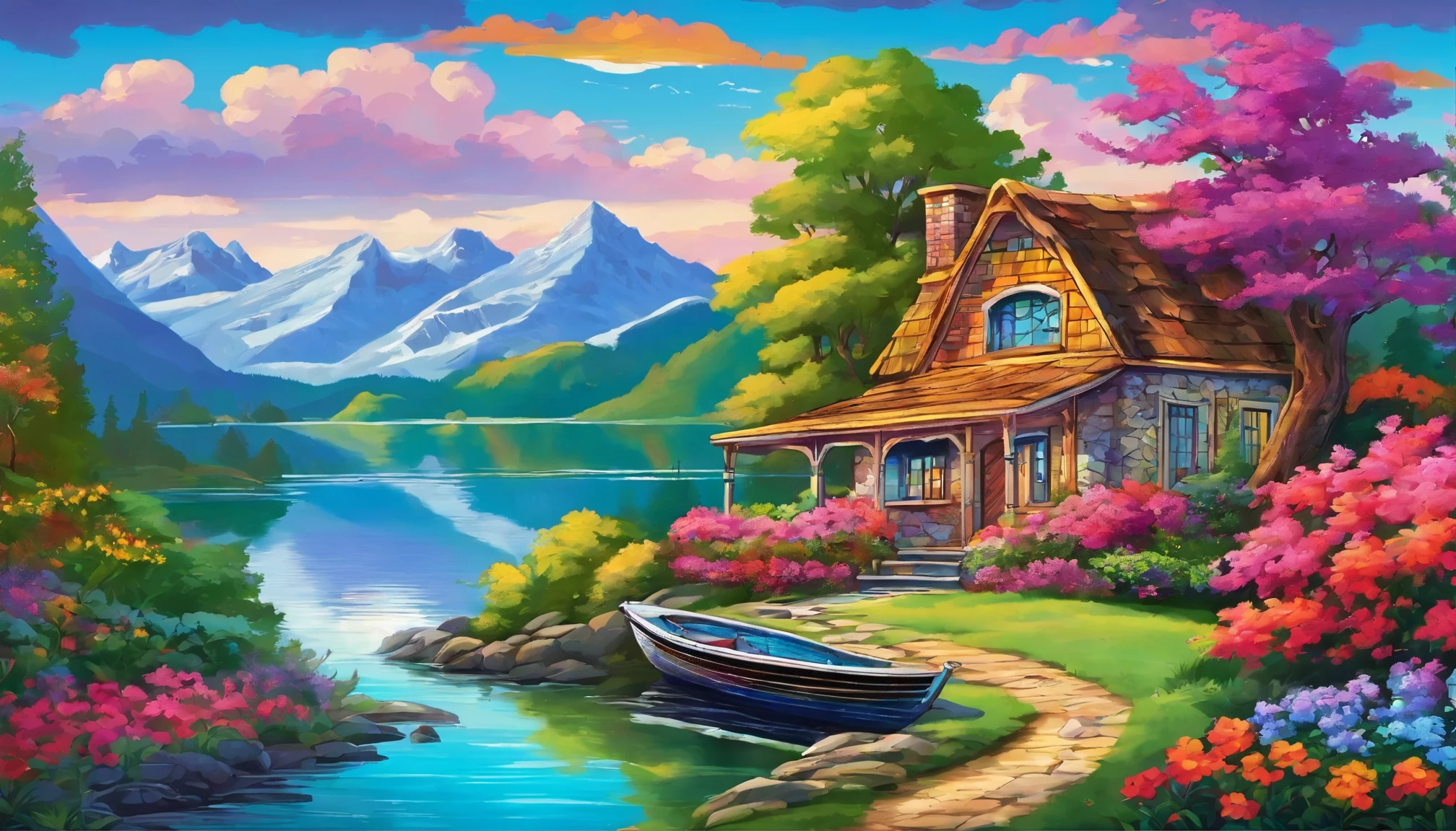 painting of a cottage, flowers beside of fence, fence along the road,  mountain landscape with a lake and a boat, illustration matte painting,  inspired by Thomas Kinkade, symmetric matte painting, detailed scenery , style raw, 8 k ultra detailed