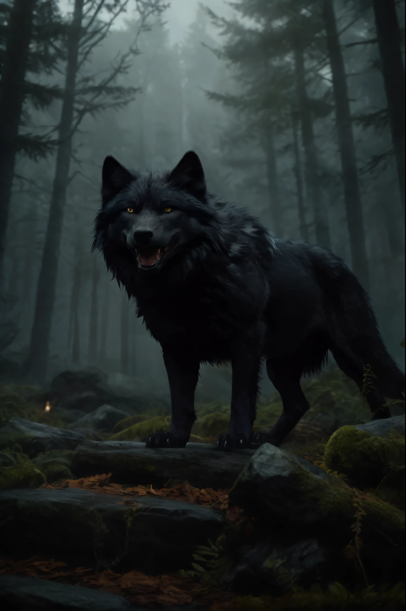 there is a black wolf standing on a rock in the woods, black wolf, black wolf guarding, dark grey wolf o'donnell, dark grey wolf, photorealistic dark concept art, dramatic cinematic detailed fur, fenrir, photo of wolf, great wolf, wolf, an anthropomorphic wolf, he has yellow wolf eyes, grim - wolf, dire wolf