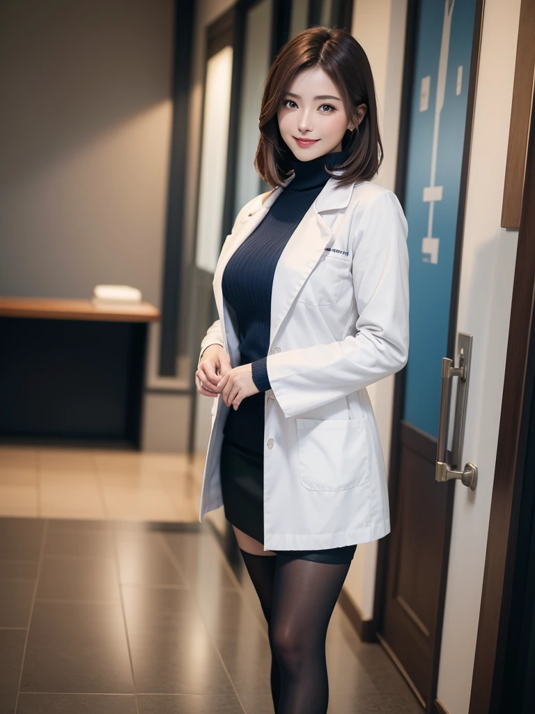masutepiece, Best Quality, Illustration, Ultra-detailed, finely detail, hight resolution, 8K Wallpaper, Perfect dynamic composition, Beautiful detailed eyes,short bob, mid-chest, Natural Color Lip, Random and sexy poses,Smile,26 years girl、Colossal tits、Examination room、Red High-Neck Sweater: A cozy red sweater with a high neckline, perfect for chilly days. It adds warmth and style to your ensemble. Navy Blue Pencil Skirt: A classic and elegant choice. The pencil skirt typically falls just below the knee, creating a flattering silhouette1. Sheer Stockings: These delicate stockings add a touch of sophistication. They’re lightweight and perfect for pairing with skirts or dresses.doctor coat Blue High-Heeled Shoes: Elevate your look with blue high-heeled shoes. They elongate your legs and add a polished touch. Brown Hair: Your natural hair color complements the overall outfit. It’s versatile and goes well with various styles. White Coat (Like a Doctor): The white coat adds a professional touch, reminiscent of a doctor’s attire. It’s a symbol of authority and expertise.
