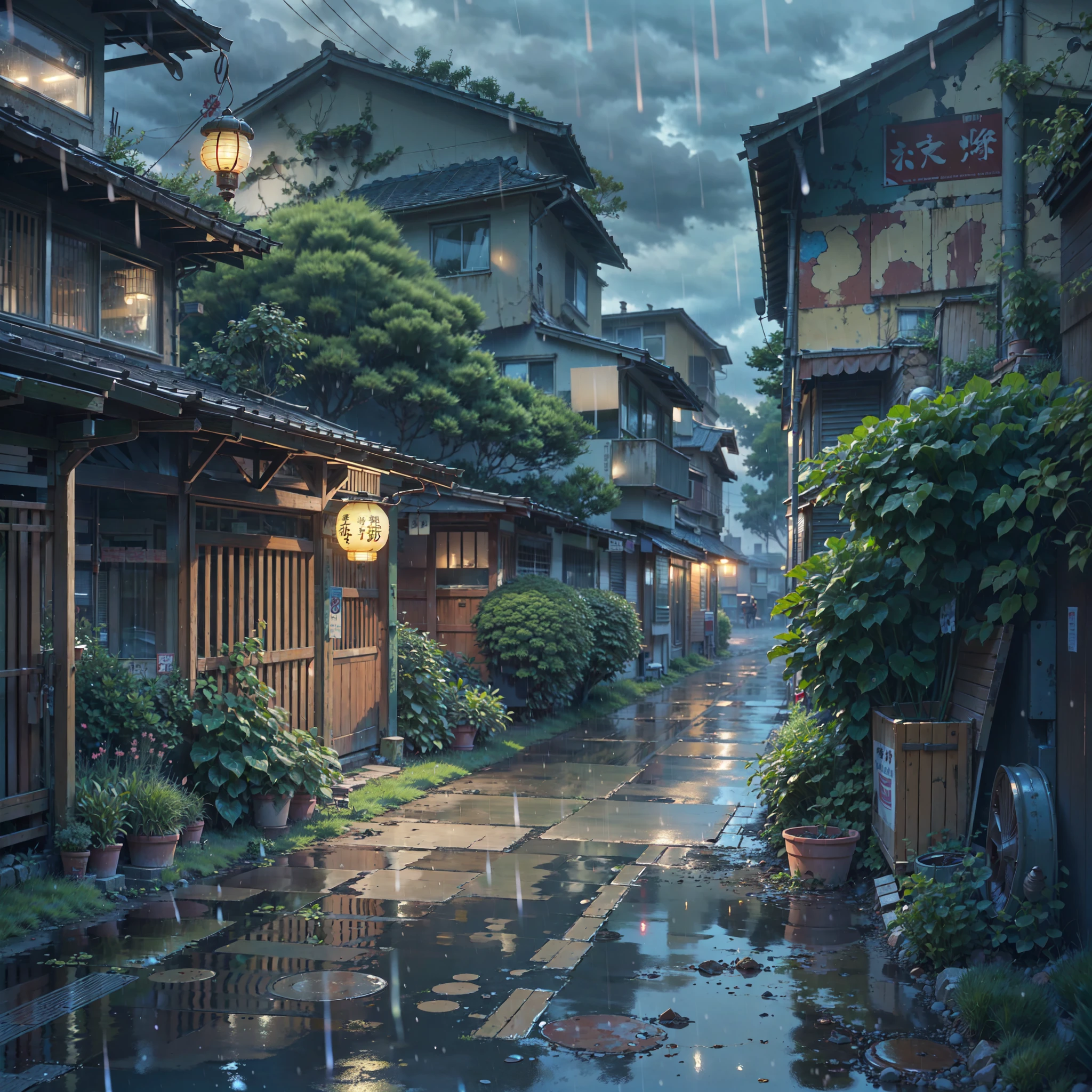 anime background, anime wallpaper, anime, anime style, lofi, lofi style, rural japanese street, village, abandoned houses, traditional japanese lanterns, rain, raining, heavy rain, dramatic weather, puddles on the floor, rain falling from the sky, rain drops, empty street, no one in sight, (no one: 1), best quality, gloomy weather, compact, messy, abandoned, overgrown, plant pots, empty street, rocks scattered across floor, overgrown grass