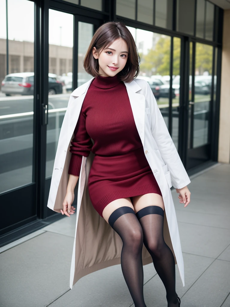 masutepiece, Best Quality, Illustration, Ultra-detailed, finely detail, hight resolution, 8K Wallpaper, Perfect dynamic composition, Beautiful detailed eyes,short bob, mid-chest, Natural Color Lip, Random and sexy poses,Smile,26 years girl、Colossal tits、Examination room、Red High-Neck Sweater: A cozy red sweater with a high neckline, perfect for chilly days. It adds warmth and style to your ensemble. Navy Blue Pencil Skirt: A classic and elegant choice. The pencil skirt typically falls just below the knee, creating a flattering silhouette1. Sheer Stockings: These delicate stockings add a touch of sophistication. They’re lightweight and perfect for pairing with skirts or dresses.doctor coat Blue High-Heeled Shoes: Elevate your look with blue high-heeled shoes. They elongate your legs and add a polished touch. Brown Hair: Your natural hair color complements the overall outfit. It’s versatile and goes well with various styles. White Coat (Like a Doctor): The white coat adds a professional touch, reminiscent of a doctor’s attire. It’s a symbol of authority and expertise.
