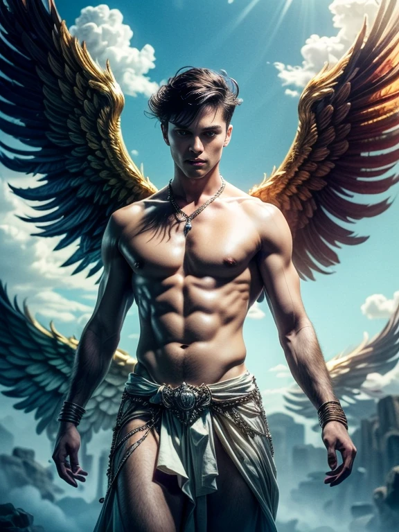 -((Masterpiece)),((best quality)),8k, Highly detailed, very detailed, Pose in style, Real skin texture, dark movie light, Italian model, 21 years old., bare chested, shirtless, Handsome Italian young man, Looks cute, Look sacred, Powerful green eyes, Hermes, messenger of god, Venus D, godly, Pale white skin, Roman god physics, (short hairสีแดง:1.5), dry red hair, short hair, red messy hair, strong jaw, Be a man, stalwart, Defined fit body, The chest is hairless., shirtless, no pants, Terrifying Aesthetics, sky, arm bracelet, (Colossal angel wings :1.4), cloud, epic cloud, (fly in the sky:1.4), fly, (in the middle of the cloud floating:1.5), (float:1.4) Bare legs, bare chest, Barefoot, antique white linen spartan loincloth, Antique white linen draped skirt., Whites:, Gold chains in a Roman gown ,,,, backlight, movie light, depth of field, award winning photos, elegant, Exaggerated, Octane Render, untrue, high definition, 8k resolution, Highly detailed, 8k UHD, professional lighting, Photon mapping, Radiation, Physical rendering
