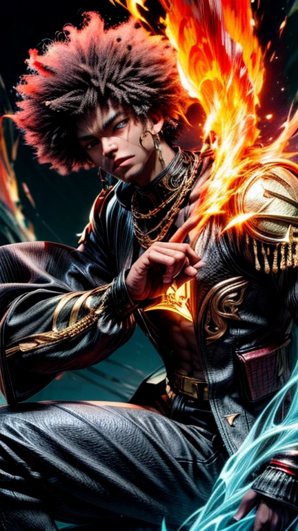 a close up of a person with a black face, Afro American man, black twisted Afro, black hair, muscular, God, Face resembling Rhea Ripley, warrior energy, black long sleeve shirt with silver embroidered typography on sleeve, Crimson Red Flame Aura,Nebular Diamond link chain draped around neck, anime art wallpaper 4 k, high resolution, beast form,anime art, black man, glowing eyes, muscular,badass anime 8 k, anime epic artwork, 4 k manga wallpaper, ultra hd anime wallpaper