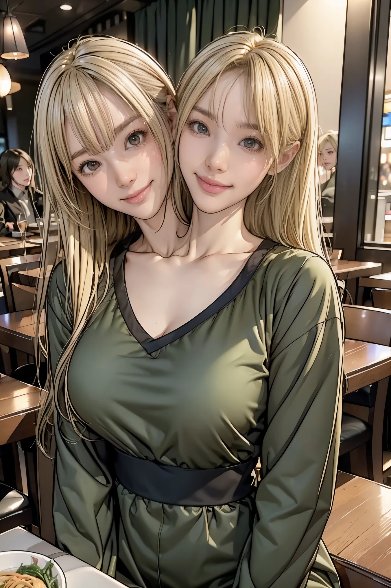 1girl, 21 years old,  couple focus ,    japanese girl ,  (smile:0.7) ,  Upper body, Please think back, black v-neck top, long sleeve, olive green cargo pants, grinning smile, long pony tail, curtain bangs, (blonde hair:1.4) , sitting at a restaurant table, night time, on a date, (high color saturation:1.0),  (highly detailed skin), (highest quality:1.0), (ultra high resolution:1.0) ,(realistic:1.0), (Super detailed:1.0), (8K, RAW photo:1.1), conjoined_dicephalus, (two heads:1.2)