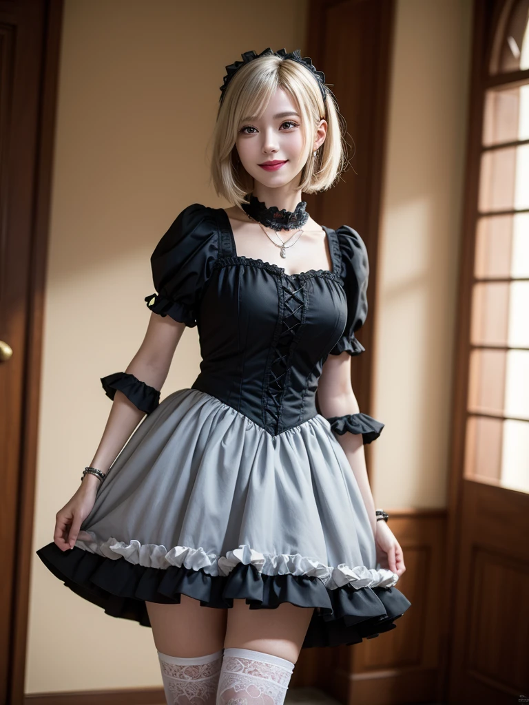 (8K, Photorealistic, Raw photo, of the highest quality: 1.3), (1girl in), Super beautiful, (Realistic face), (boyish, Silver Color Berry Shorthair), Beautiful , Glare that captivates the viewer, Beautiful expression, Beautiful breasts, (Realistic skin), Be...Super high quality, super high definition, super detailed, masterpiece, 20years old, female, cute, perfect face, beautiful, gothic ta clothes, gothic loliashion, frilly skirt, headdress, necklace, bracelet, knee-high socks, boots, double eyelids, tear bags, Detailed down to the fingers, photo-like description, indoors, dim indoor lighting, blonde hair, semi long, standing, whole body, composition that shows the whole body, smiling
