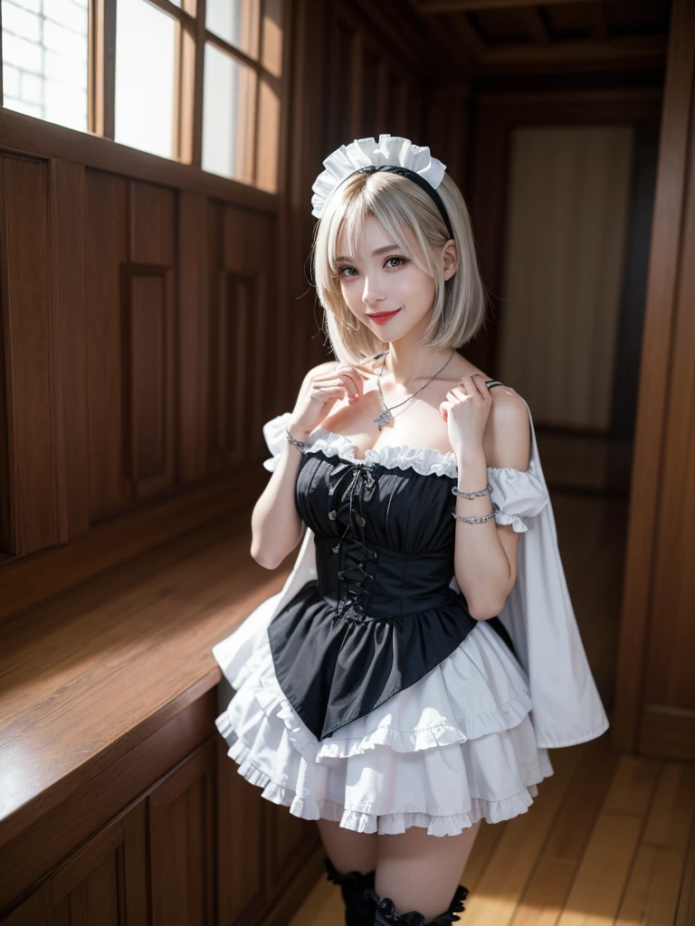 (8K, Photorealistic, Raw photo, of the highest quality: 1.3), (1girl in), Super beautiful, (Realistic face), (boyish, Silver Color Berry Shorthair), Beautiful , Glare that captivates the viewer, Beautiful expression, Beautiful breasts, (Realistic skin), Be...Super high quality, super high definition, super detailed, masterpiece, 20years old, female, cute, perfect face, beautiful, gothic lolita clothes, gothic lolita fashion, frilly skirt, headdress, necklace, bracelet, knee-high socks, boots, double eyelids, tear bags, Detailed down to the fingers, photo-like description, indoors, dim indoor lighting, blonde hair, semi long, standing, whole body, composition that shows the whole body, smiling