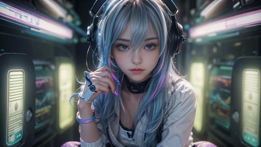 ultra-detailed, cute woman, petite stature, enormous breasts, white skin, alluring figure, rainbow hair, long messy hair, long upper eyelashes, eyebrows behind hair, upturned eyes, light blush, seductive smile, background((dark and messy gaming room, Server Machine, neon lights, Braces, some Computer screen, notebook)), messy paper, flight, Debris flying, writing border depth, Movie, Finished lunch box, Cup drinks, (((seated in a gaming chair))), ((sitting behind a computer)), ((Cross the feet)), (engrossed in staring at the computer screen:1.4), ((hands moving on the keyboard)), , , ((Blue jacket)), Open one shoulders, ((black short bandeau top)), ((white skirt), ((black thigh-high stockings)), ((screen light)), HDR, Premium shadow, Perfect painting, visual art, Perfect art, super detail, chiaroscuro, Best quality, super textured skin, super detail face, perfect face, Super fine facial details, beautiful and delicate eyes, perfect eyes, correct limbs, correct finger, super detail finger, best hair quality, best clothing quality, (((best prop quality))), ccurate, highres, super detail, masterpiece,, (photorealistic:1.3)