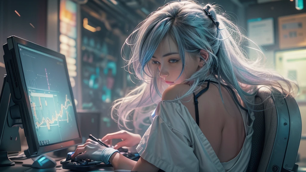ultra-detailed, cute woman, petite stature, enormous breasts, white skin, alluring figure, rainbow hair, long messy hair, long upper eyelashes, eyebrows behind hair, upturned eyes, light blush, seductive smile, background((dark and messy gaming room, Server Machine, neon lights, Braces, some Computer screen, notebook)), messy paper, flight, Debris flying, writing border depth, Movie, Finished lunch box, Cup drinks, (((seated in a gaming chair))), ((sitting behind a computer)), ((Cross the feet)), (engrossed in staring at the computer screen:1.4), ((hands moving on the keyboard)), , , ((Blue jacket)), Open one shoulders, ((black short bandeau top)), ((white skirt), ((black thigh-high stockings)), ((screen light)), HDR, Premium shadow, Perfect painting, visual art, Perfect art, super detail, chiaroscuro, Best quality, super textured skin, super detail face, perfect face, Super fine facial details, beautiful and delicate eyes, perfect eyes, correct limbs, correct finger, super detail finger, best hair quality, best clothing quality, (((best prop quality))), ccurate, highres, super detail, masterpiece,, (photorealistic:1.3)