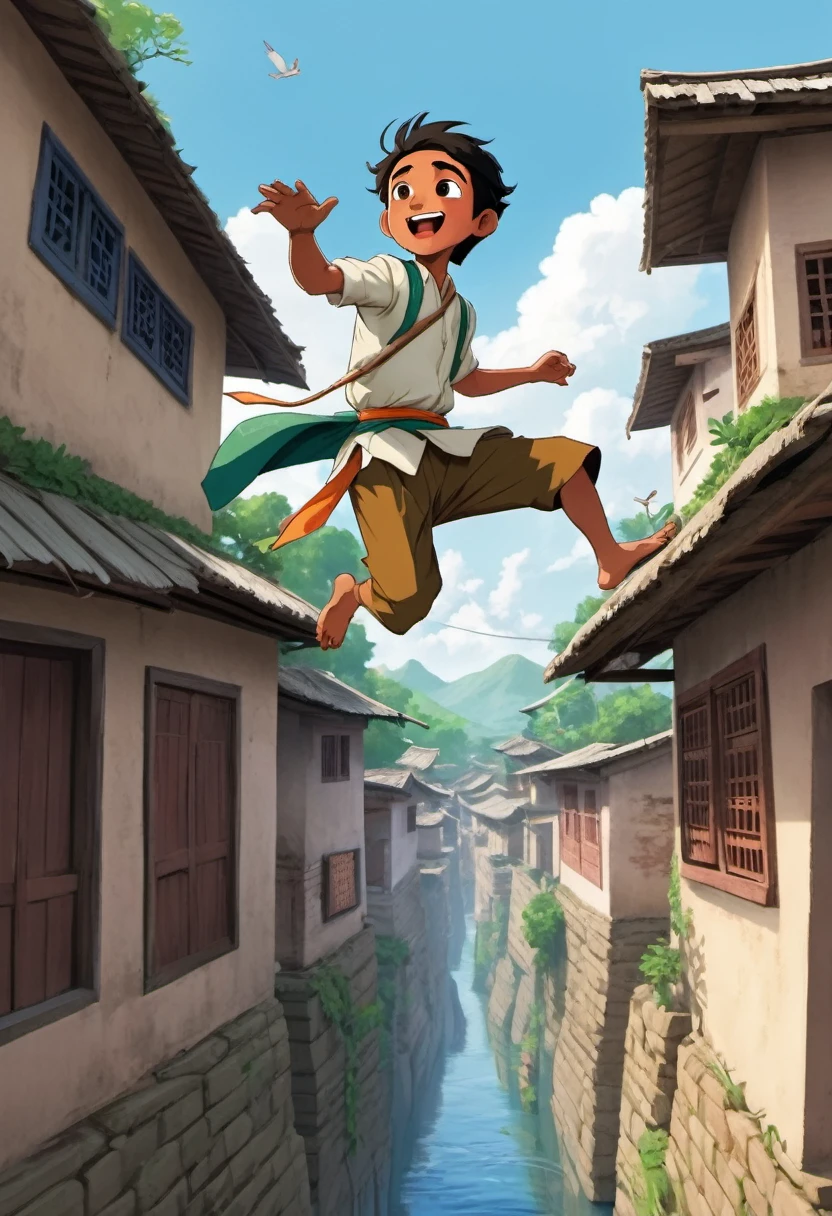A man Ramu takes a leap of faith as he competes in a local competition. Describe the atmosphere of the event and the unwavering support of the villagers as Ramu courageously pursues his dream. Cartoon style 