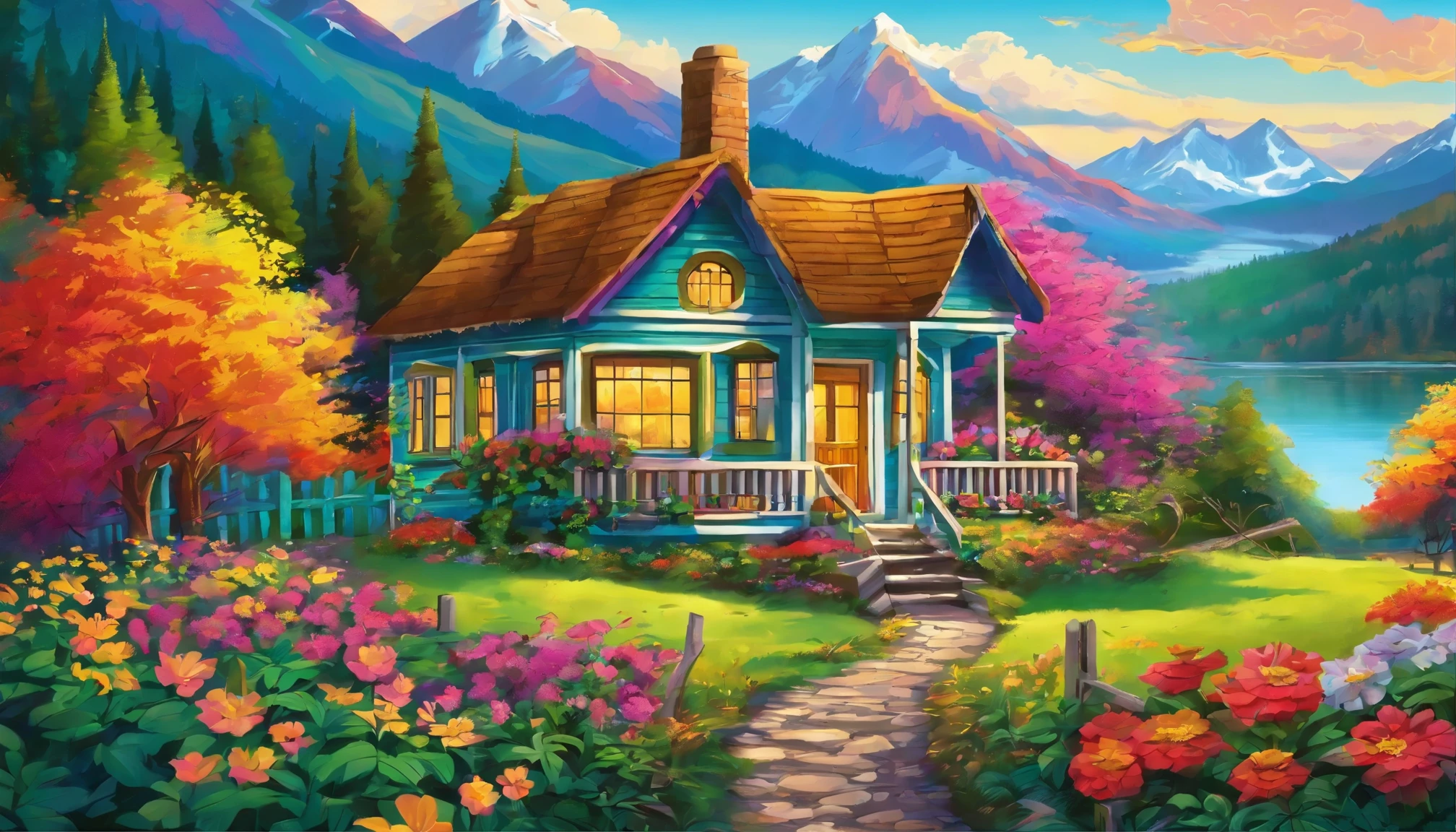 painting of a cottage, flowers beside of fence, fence along the road, mountain landscape with a lake and a boat, illustration matte painting, inspired by Thomas Kinkade, symmetric matte painting, detailed scenery , style raw, 8 k ultra detailed