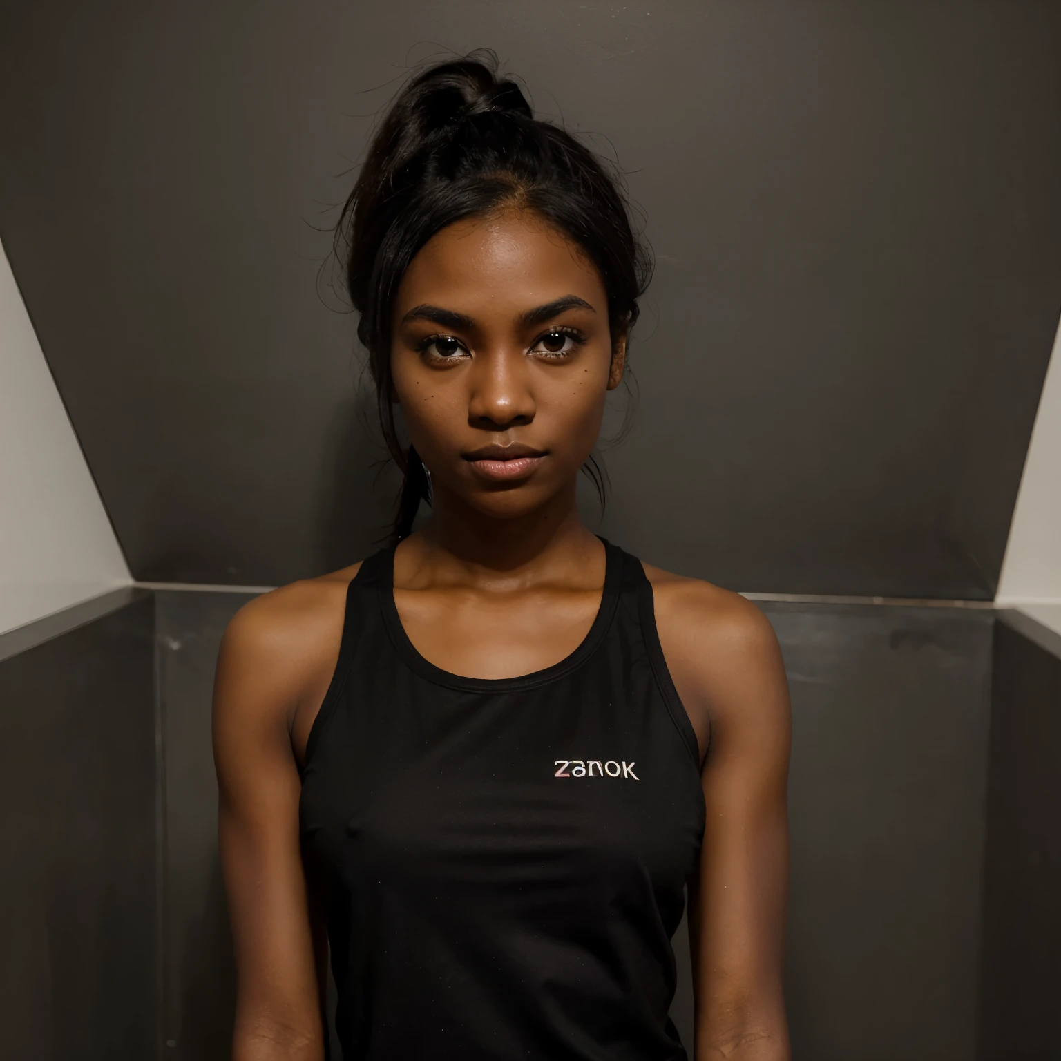 Dark skin,medium height,sporty body,black eyes,short eyebrows