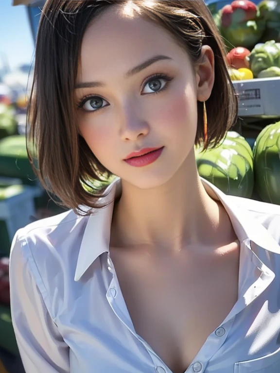 (best quality, 8k, highres, photorealistic:2.0), (solo, one girl:2.0),(photo taken using flash:1.9),(brighten the subject:1.8),(ultimate beautiful girl:2.0),(shiny skin),(oily skin),(blonde girl:1.5),(short hairstyle:1.5),(cool beauty:2.0),Blush brown makeup , dark eye makeup , use pink glossy lipstick,(big beady eyes girl:1.5),(droopy-eyes girl:1.5),(blue eyes:1.5),(thin girl:1.5),(baby face girl),(sex appeal),(sweet smelling girl),(Photographed at a greengrocer:1.8),(A girl who works part-time at a greengrocer:1.3),(she works for low wages:1.5),(kind-hearted woman:1.5),(she has a nice smile:1.3),(woman with a happy look:1.3),(she is very sociable),(from a very poor family:1.5),(virgin girl),(She is a secret pervert.),(she covertly lewd),(she looks so erotic),(Preserve virginity for devout Christians),chuuChloe,(Breast cleavage emphasis),(A woman with very soft breasts),(woman fantasizing about sex),(allurement),(bewitching pose),(I love masturbating),(impressive eyes),(clean open collar shirt),(holding a cucumber),(holding an eggplant)