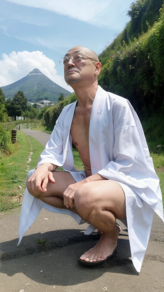 Highquality,masterpiece, Cowboy  shot, 1guy,field,On the mountain path,dark,evening, front view,public indecency, (looking at  viewer,60 year old man、male,bald,Japanese,coat over naked, coar lift,bare foot,bare chest,whites fundoshi, sweat vapor,embarrassing,geta,squatting),No women