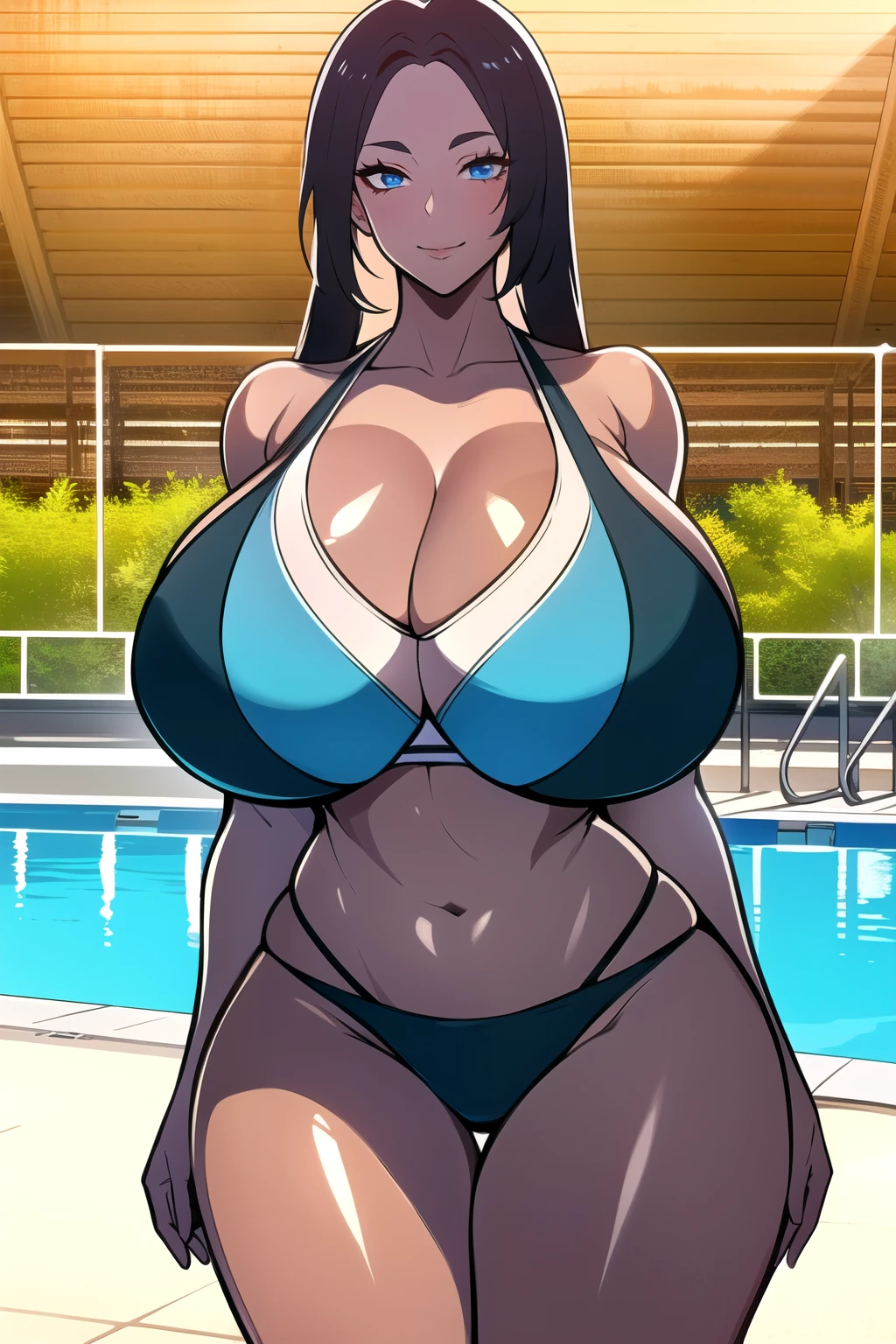 ultra realistic 8k cg, masterpiece, (( intricate detail, highly detailed, fine details best quality, hyperdetailed face)), gigantic breasts ,beautiful lighting, absurdres, BoaHancockV2,  1girl, solo, black hair, long hair, jewelry, closed mouth, ), (tight bikini, swimsuit, cleavage, bare shoulders, curvy, midriff, curvy, thighs, shiny clothes), blue eyes, (complex detailed background, outside, outdoor pool), ((cowboy shot)), curvy, (gigantic breasts: 1.1), seductive smile, cowboy shot, (tan skin :1.1) (tan face:1.1)