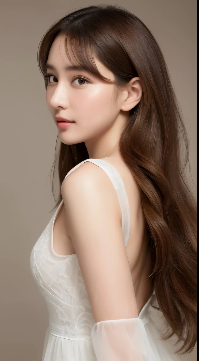 high quality、realistic、Photoreal、award-winning illustrations、(intricate details:1.2)、(delicate details)、(intricate detailovie light、Highest quality backlight)、clear lines、sharp focus、official art、unity 8k wallpaper、absurd、incredibly absurd、huge file size、super detailed、High resolution、very detailed、very delicate and beautiful、RAW photo、professional lighting、dynamic lighting、shine light on the face、、solo focus、Full body Esbian、long legs、big breasts thin waist、Slender、26 year old female、(brown hair:1.2)、brown eyes、smaller head、fashionable girl、beautiful eyes、)、cute angel face、real face、skin、lifelike face、real looking skin、detailed eye、Features of detailed face、Detailed clothing characteristics、 、gaze towards the viewer、simple background、laughter、detailed face、qipao dress