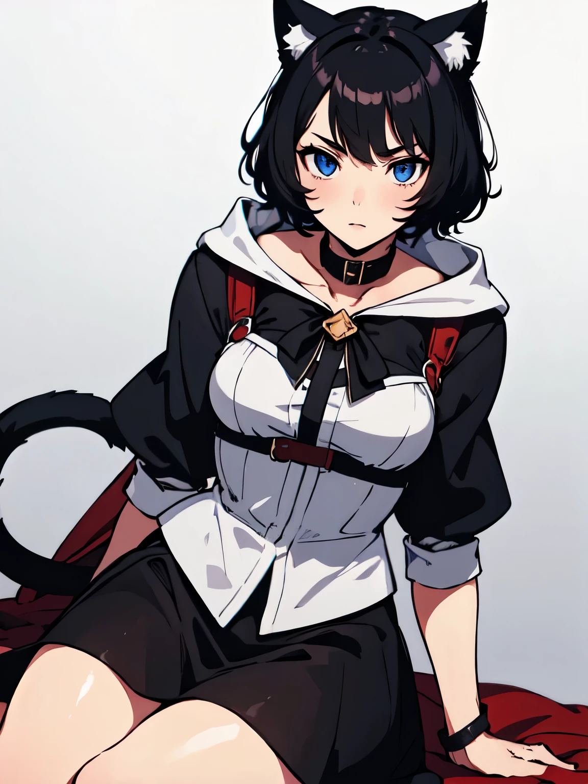 masterpiece, best quality, portrait, 1girl, cat ear, cat tail, black hair, short hair, mantle, hood, ws7