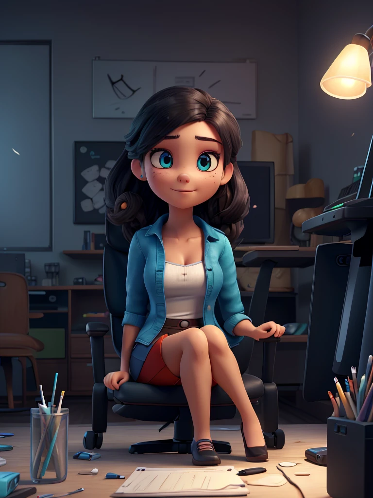 ultra-detailed, cute woman, petite stature, enormous breasts, white skin, alluring figure, rainbow hair, long messy hair, long upper eyelashes, eyebrows behind hair, upturned eyes, light blush, seductive smile, background((dark and messy gaming room, Server Machine, neon lights, Braces, some Computer screen, notebook)), messy paper, flight, Debris flying, writing border depth, Movie, Finished lunch box, Cup drinks, (((seated in a gaming chair))), ((sitting behind a computer)), ((Cross the feet)), (engrossed in staring at the computer screen:1.4), ((hands moving on the keyboard)), , , ((Blue jacket)), Open one shoulders, ((black short bandeau top)), ((white skirt), ((black thigh-high stockings)), ((screen light)), HDR, Premium shadow, Perfect painting, visual art, Perfect art, super detail, chiaroscuro, Best quality, super textured skin, super detail face, perfect face, Super fine facial details, beautiful and delicate eyes, perfect eyes, correct limbs, correct finger, super detail finger, best hair quality, best clothing quality, (((best prop quality))), ccurate, highres, super detail, masterpiece,, (photorealistic:1.3)