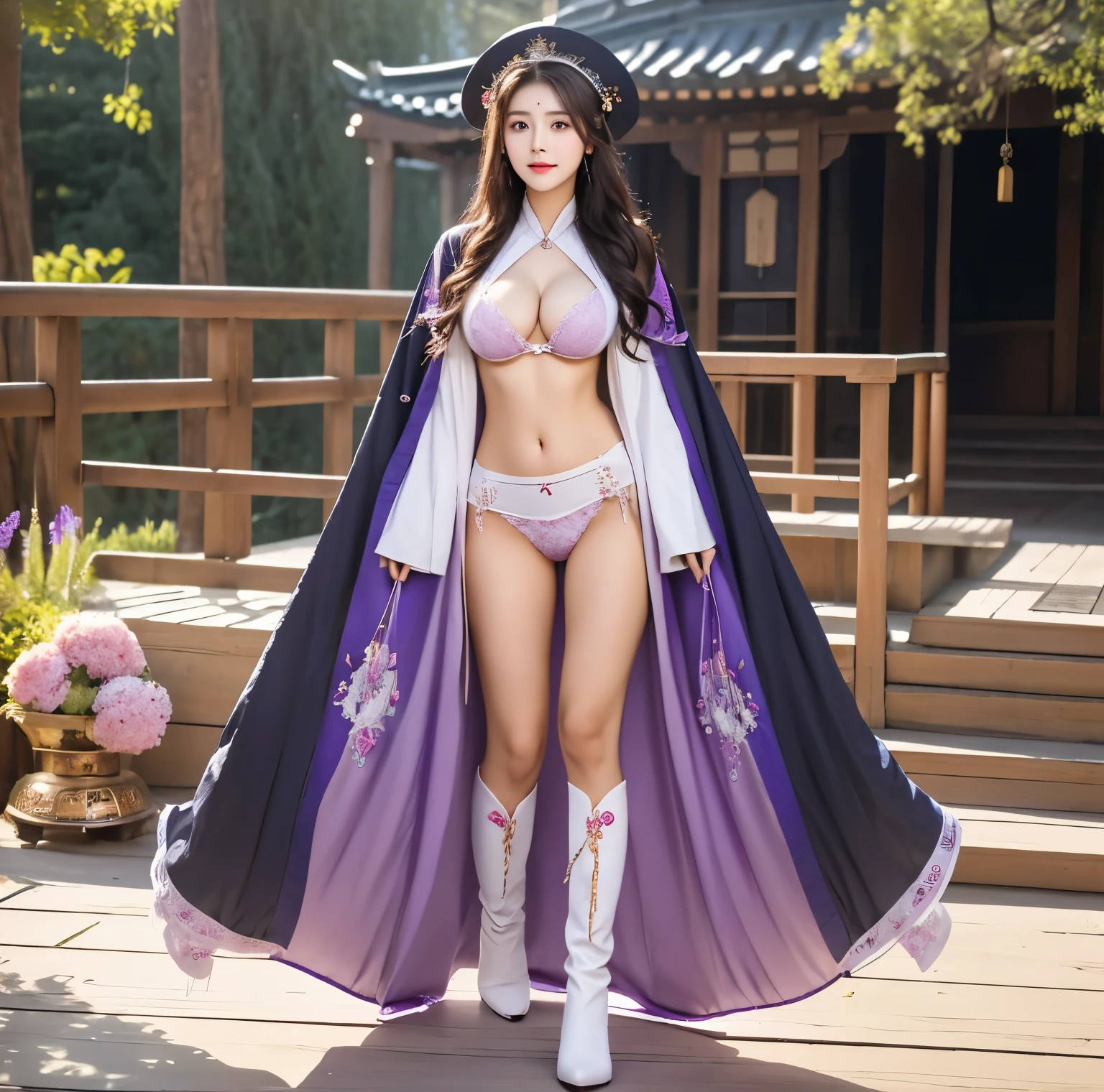 美麗的fantasy皇后, anime goddess, full body xianxia, ((美麗的fantasy皇后)), Sexy red bikini underwear,high-cut underwear,high cut underwear,Long-legged girl,put on boots,White boots,huge breasts,Put on your hat, Chinese Hanfu,fantasy服装, Sha Xi, ((美麗的fantasy皇后)), Put on the priest's cloak, full body purple cloak, 穿着fantasy服装, Anime girls cosplay look at the audience,facing the audience,Put your hands beside you,flowing long hair,Surreal 8000g,Impeccable,masterpiece,professional artwork,famous artwork,Light,movie bloom,perfect face,pretty face,fantasy,Dreamy and magical,not real,intricate details,Exquisite pattern