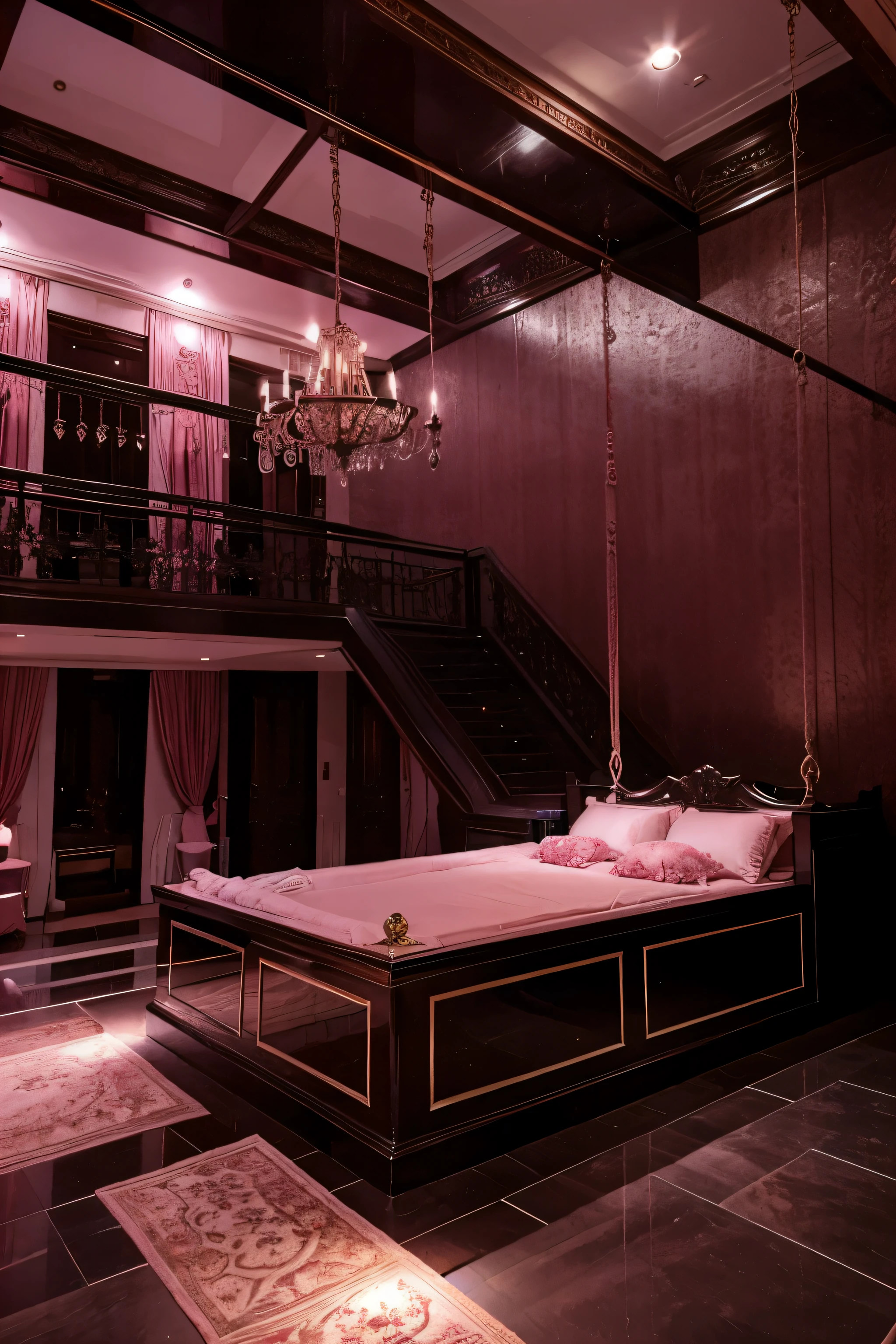 A huge expensive luxury brothel with a high ceiling, extravagant furniture, small stripper stages, large beds with pink silk bedding, a staircase, an atrium, a sex swing, a jacuzzi, a sunken pink Jello pit, erotic art, and mood lighting.