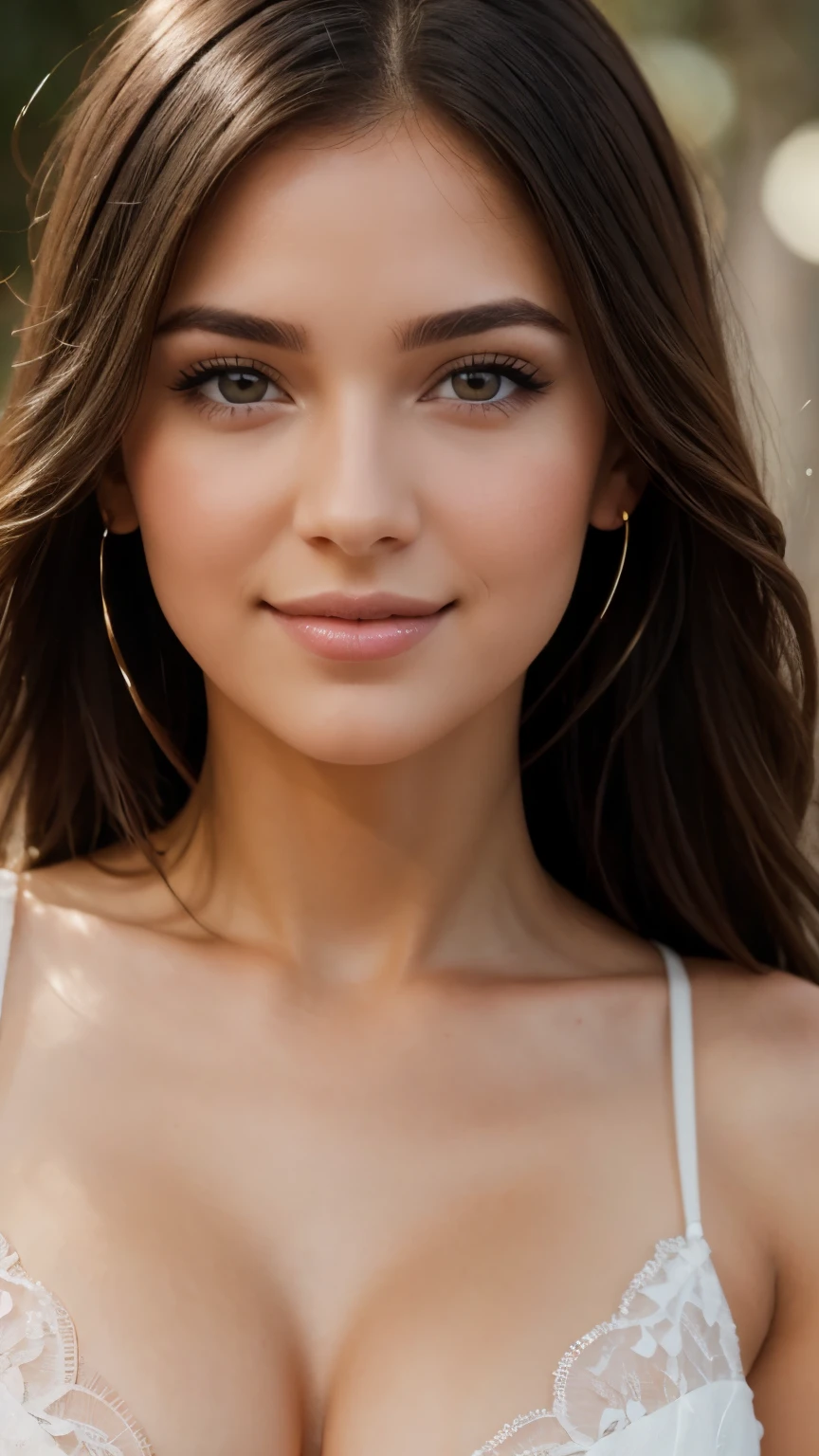 perfect clear and crisp focus, UHD, perfect clear and crisp focus, UHD, Detailed Face, Detailed Lips, Detailed Eyes, light make up, seductive smile, happy, beautiful brunette girl. Show ful face and hair and upper body.