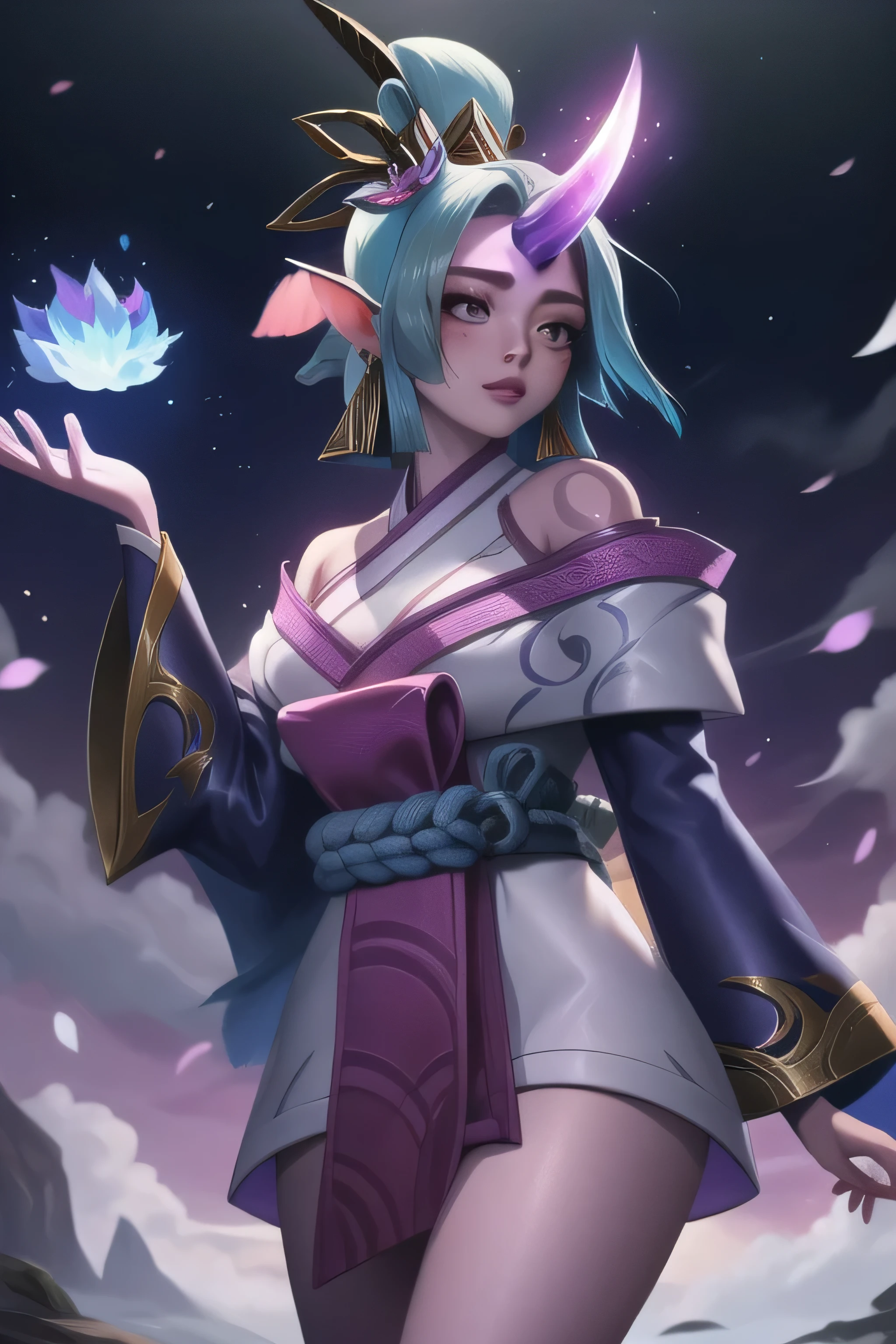 (masterpiece, best quality:1.2), intricate details, spirit blossom soraka, 1girl, purple skin, colored skin, single horn, kimono, hair ornament, bare shoulders soraka from league of legends