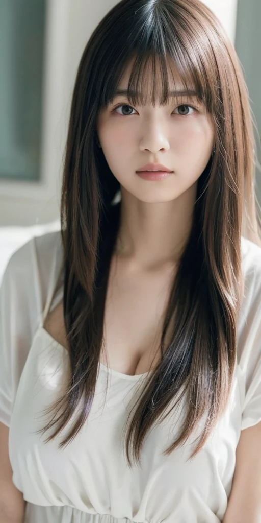 masterpiece, highest quality, 16K, 1 girl, 20th generation, absent-minded expression, close, close up of face, alone, cute, girly, delicate girl, pure beauty, Raw photo, professional photography, portrait, soft light, professional lighting, Backlight, look forward to your eyes, Sophisticated, film grain, (Eye and face details:1.0), medium length floating hair, beautiful flowing hair, bangs,(big breasts:1.6)、Tight white cottonVneckTshirt、side