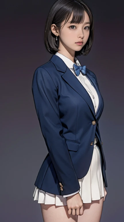 confused, RAW photo, very delicate and beautiful, masterpiece, highest quality, ultra high resolution, 32K, surreal, Super detailed, perfect anatomy, perfect figure, super dense skin, High definition CG 8k wallpaper, 20's, very slim body, tight waist, very small head, very small face, delicate facial features, tearful mole, earrings, thin legs, (very huge round breasts:1.2), full body shot, 1 girl, (school uniform:1.2), (blazer:1.2), wet clothes,, (((big ))), ((15 year old Japanese girl, short bob))