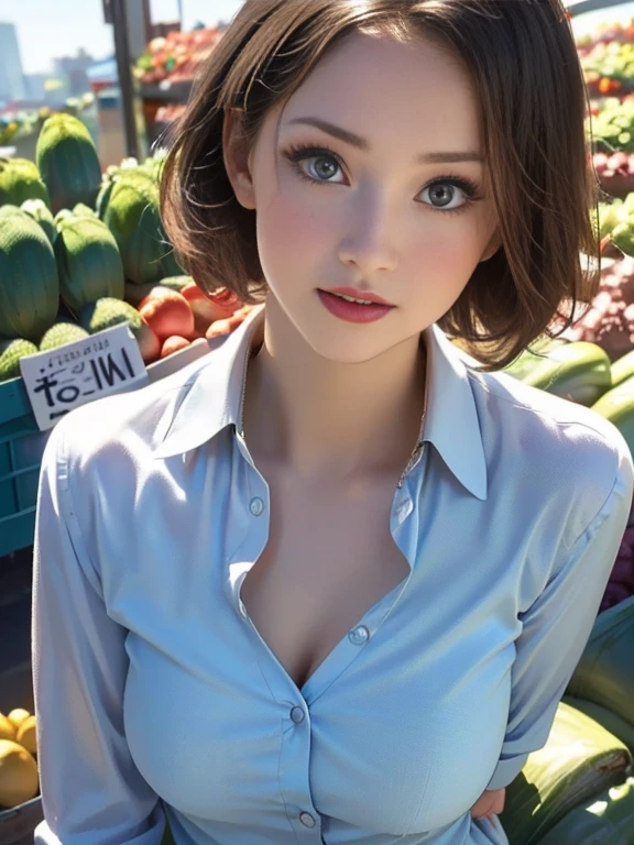 (best quality, 8k, highres, photorealistic:2.0), (solo, one girl:2.0),(photo taken using flash:1.9),(brighten the subject:1.8),(ultimate beautiful girl:2.0),(shiny skin),(oily skin),(blonde girl:1.5),(short hairstyle:1.5),(cool beauty:2.0),Blush brown makeup , dark eye makeup , use pink glossy lipstick,(big beady eyes girl:1.5),(droopy-eyes girl:1.5),(blue eyes:1.5),(thin girl:1.5),(baby face girl),(sex appeal),(sweet smelling girl),(Photographed at a greengrocer:1.8),(A girl who works part-time at a greengrocer:1.3),(she works for low wages:1.5),(kind-hearted woman:1.5),(she has a nice smile:1.3),(woman with a happy look:1.3),(she is very sociable),(from a very poor family:1.5),(virgin girl),(She is a secret pervert.),(she covertly lewd),(she looks so erotic),(Preserve virginity for devout Christians),chuuChloe,(Breast cleavage emphasis),(A woman with very soft breasts),(woman fantasizing about sex),(allurement),(bewitching pose),(I love masturbating),(impressive eyes),(clean open collar shirt),(holding a thin cucumber),