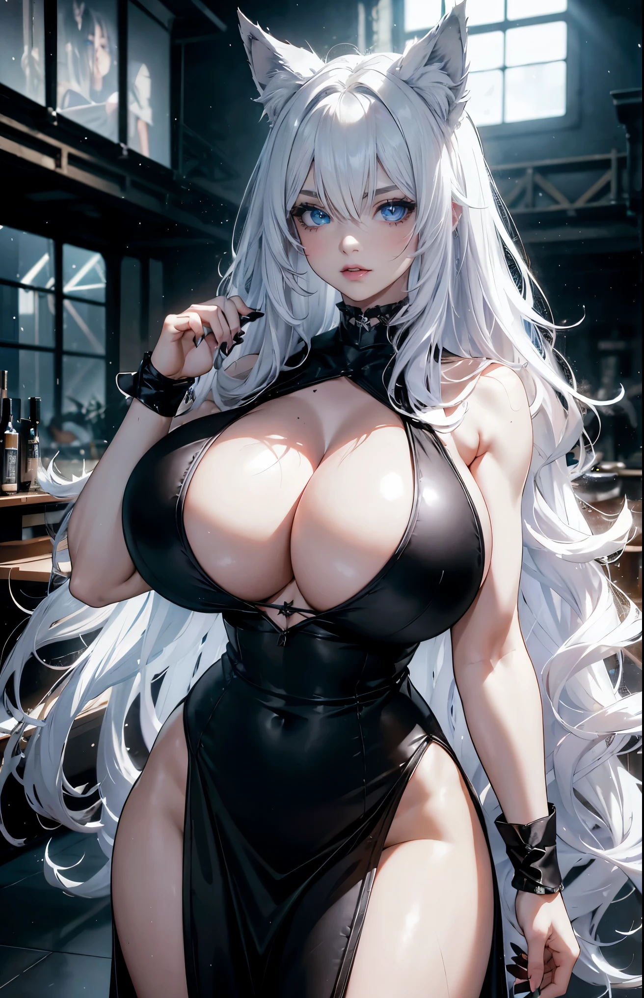 a 19yo woman(goth girl, white wavy hair), wolf ears, Her eyes are blue and beautiful indoor, light from windows, standing up, thick thigs, cinematic lights, light particles, lipstick、Detailed details, cinematic lights,, massive breasts, defined abs, sweaty skin, massive breasts, muscular, night dress, long dress, cocktail dress