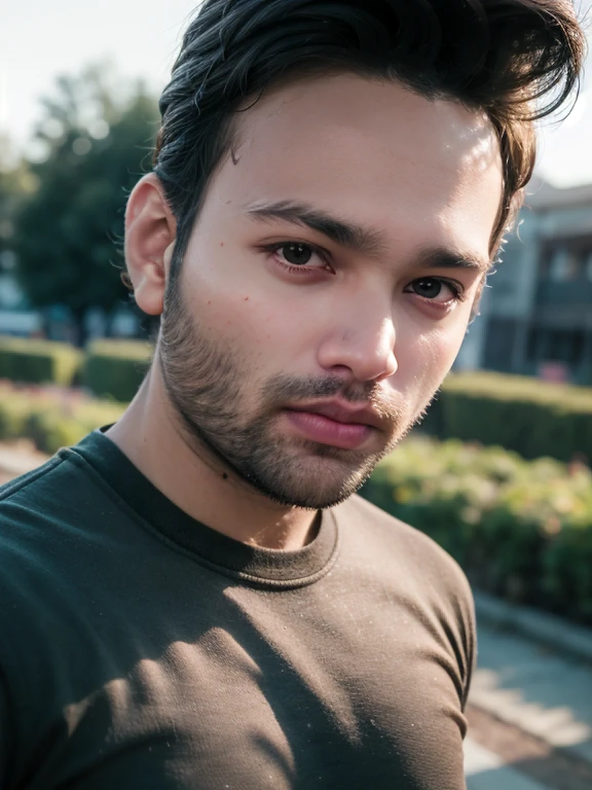 A beautiful young bearded man with highly detailed skin looking at the camera,8k,high res, soft light,no contrast,ultra realistic, photorealism.((real life photo,realistic:1.9, short beard:1)),hdr