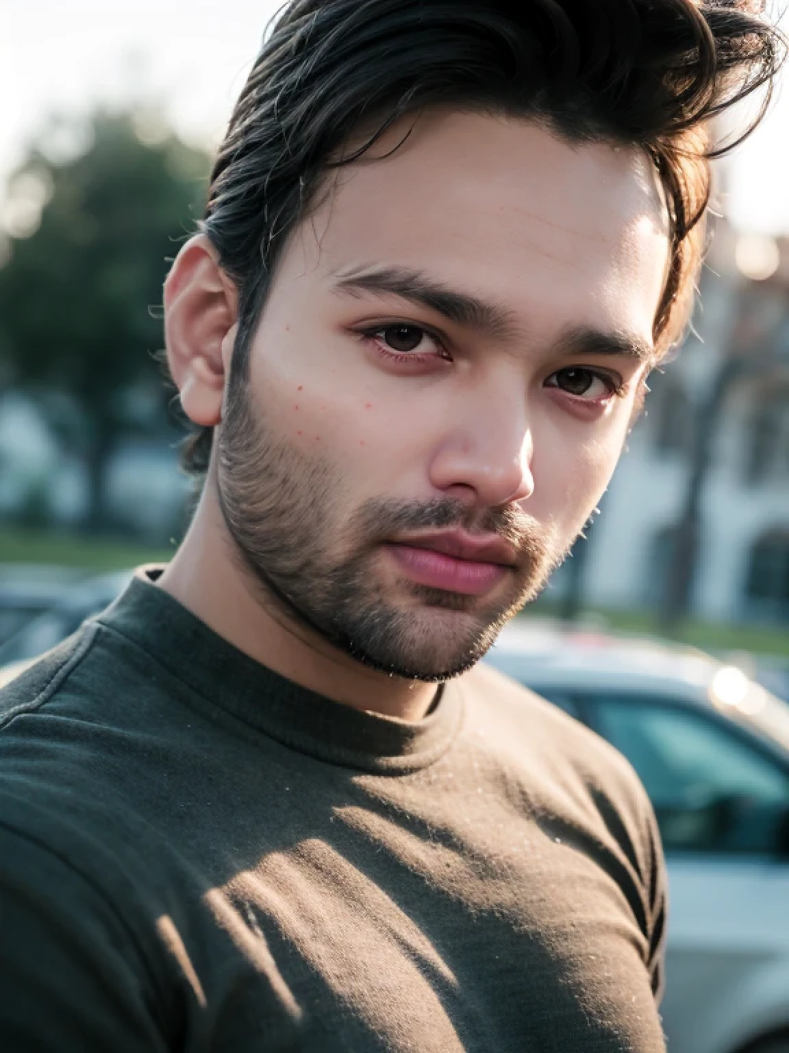 A beautiful young bearded man with highly detailed skin looking at the camera,8k,high res, soft light,no contrast,ultra realistic, photorealism.((real life photo,realistic:1.9, short beard:1)),hdr