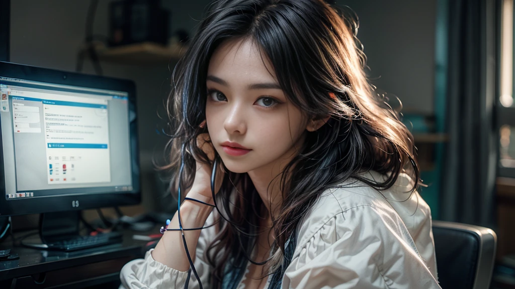 ultra-detailed, cute woman, petite stature, enormous breasts, white skin, alluring figure, rainbow hair, long messy hair, long upper eyelashes, eyebrows behind hair, upturned eyes, light blush, seductive smile, background((dark and messy gaming room, Server Machine, neon lights, Braces, some Computer screen, notebook)), messy paper, flight, Debris flying, writing border depth, Movie, Finished lunch box, Cup drinks, (((seated in a gaming chair))), ((sitting behind a computer)), ((Cross the feet)), (engrossed in staring at the computer screen:1.4), ((hands moving on the keyboard)), , , ((Blue jacket)), Open one shoulders, ((black short bandeau top)), ((white skirt), ((black thigh-high stockings)), ((screen light)), HDR, Premium shadow, Perfect painting, visual art, Perfect art, super detail, chiaroscuro, Best quality, super textured skin, super detail face, perfect face, Super fine facial details, beautiful and delicate eyes, perfect eyes, correct limbs, correct finger, super detail finger, best hair quality, best clothing quality, (((best prop quality))), ccurate, highres, super detail, masterpiece,, (photorealistic:1.3)