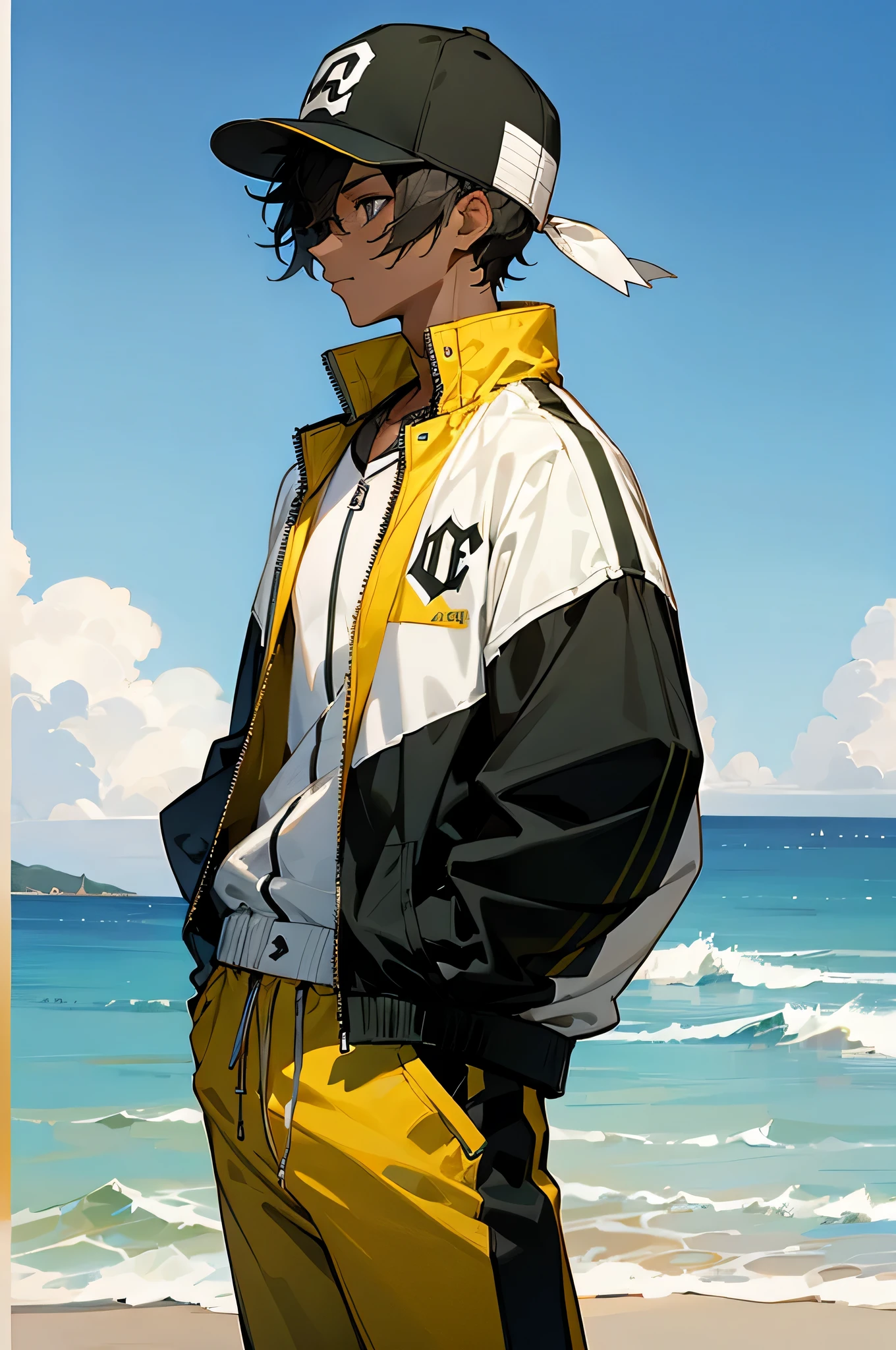 1 male, african american, baseball hat, beach background, Baseball jumpsuit jacket,