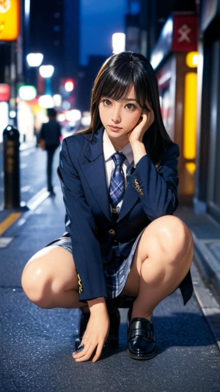 ((backwards:1.2))、look at the camera、(In 8K, RAW photo, highest quality, table top, realistic, photorealistic, high contrast, photon mapping,, photorealistic, Super detailed, professional lighting, Low - Angle: 1.2), (1 shy girl), (alone), (Full body Esbian), (Height is 165 centimeters), ( ), (Shinjuku at night in Japan), ( Sidewalk lined with shops), (Japanese high school uniforms and designated shoes), (dark blue blazer: 1.2), (navy blue short skirt with plaid pattern: 1.2), (Open collar white shirt for students), (tie: 1.2), (squat with legs spread、