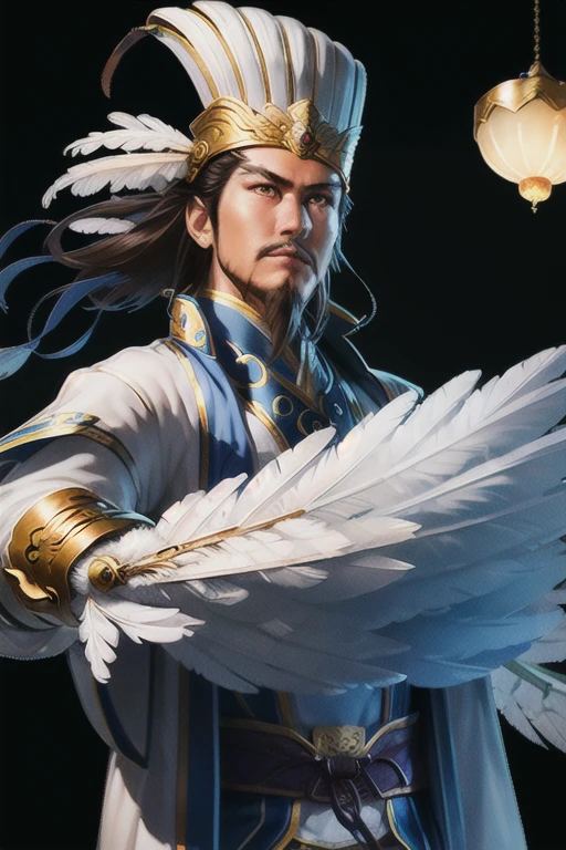 1 boy,(8K, highest quality, masterpiece:1.4),final fantasy,(fantasy), (lit),alone, White china hat,Chinese service,(Retaining Feather Fan),decorative feathers,white cloth ,cloud,eagle,wing