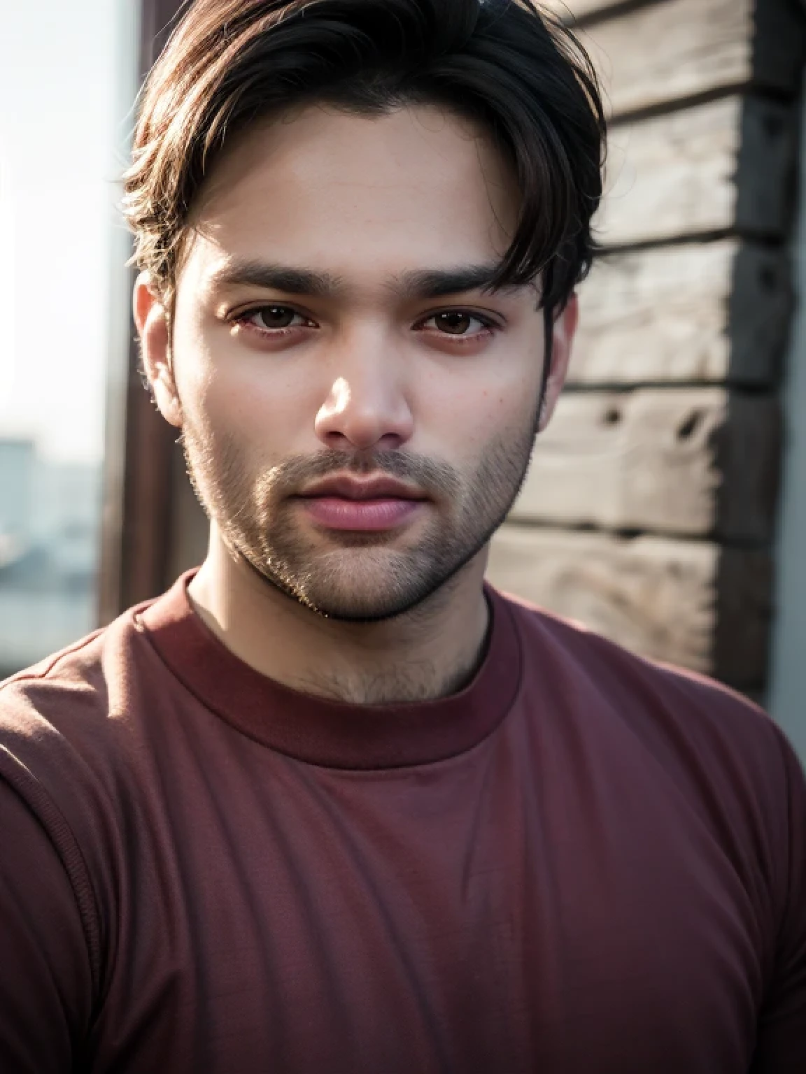A beautiful young bearded man with highly detailed skin looking at the camera,8k,high res, soft light,no contrast,ultra realistic, photorealism.((real life photo,realistic:1.9, short beard:1))