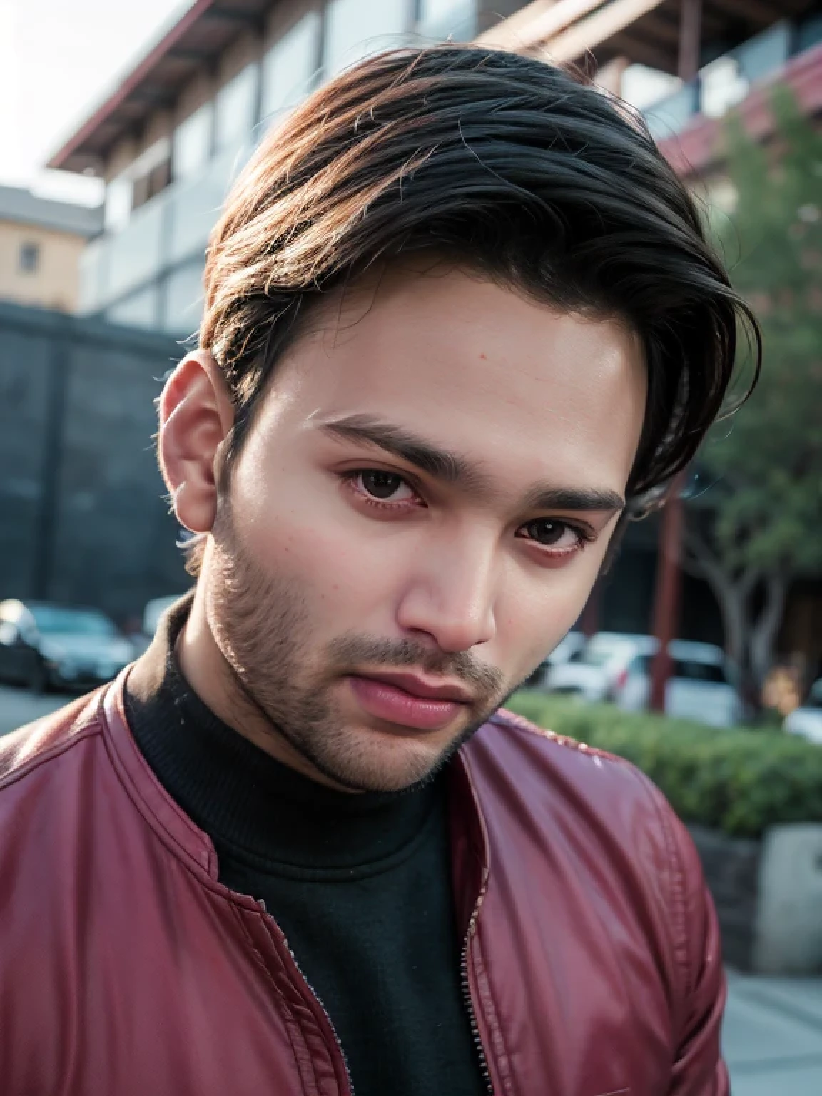 A beautiful young bearded man with highly detailed skin looking at the camera,8k,high res, soft light,no contrast,ultra realistic, photorealism.((real life photo,realistic:1.9, short beard:1))
