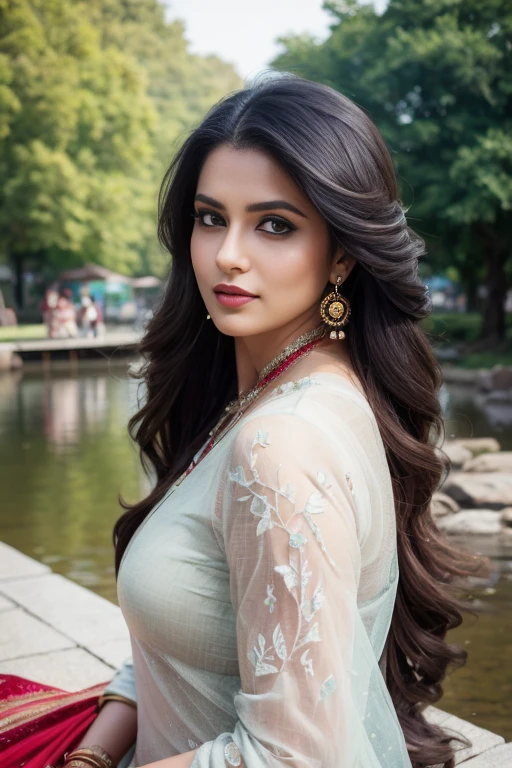 Portrait of A confident-looking indian princess from kamasutra with long flowing hair, hazel eyes, without flowing capes, traditional dress, sitting in grass, water background, bokeh, perfect composition, hyperrealistic, super detailed, 8k, high quality, trending art, trending on artstation, sharp focus, studio photo, intricate details, highly detailed, art by greg rutkowski