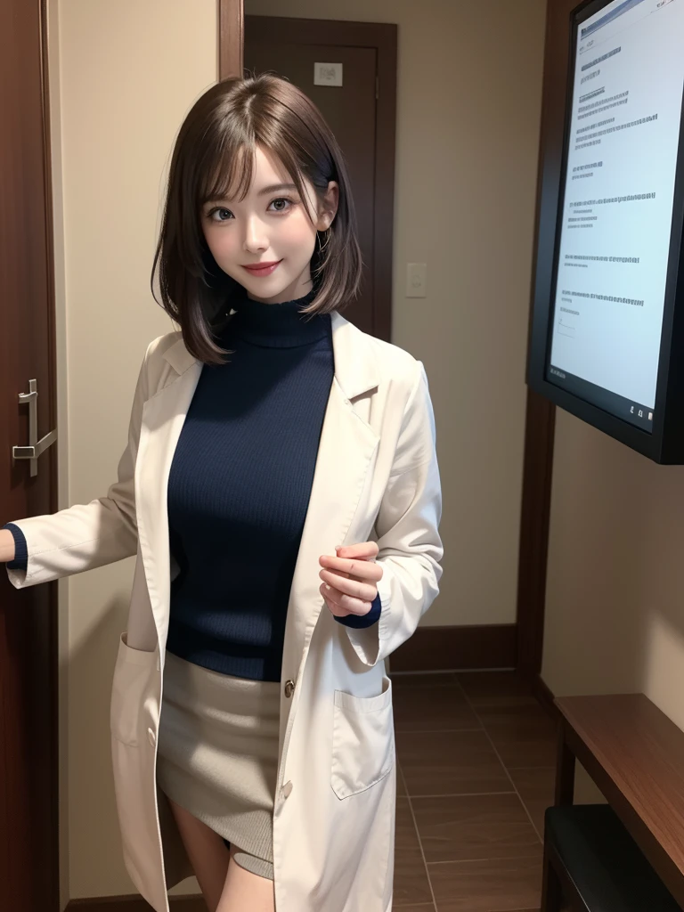 masutepiece, Best Quality, Illustration, Ultra-detailed, finely detail, hight resolution, 8K Wallpaper, Perfect dynamic composition, Beautiful detailed eyes,short bob, mid-chest, Natural Color Lip, Random and sexy poses,Smile,26 years girl、Colossal tits、Examination room、Red High-Neck Sweater: A cozy red sweater with a high neckline, perfect for chilly days. It adds warmth and style to your ensemble. Navy Blue Pencil Skirt: A classic and elegant choice. The pencil skirt typically falls just below the knee, creating a flattering silhouette1. Sheer Stockings: These delicate stockings add a touch of sophistication. They’re lightweight and perfect for pairing with skirts or dresses.doctor coat Blue High-Heeled Shoes: Elevate your look with blue high-heeled shoes. They elongate your legs and add a polished touch. Brown Hair: Your natural hair color complements the overall outfit. It’s versatile and goes well with various styles. White Coat (Like a Doctor): The white coat adds a professional touch, reminiscent of a doctor’s attire. It’s a symbol of authority and expertise.