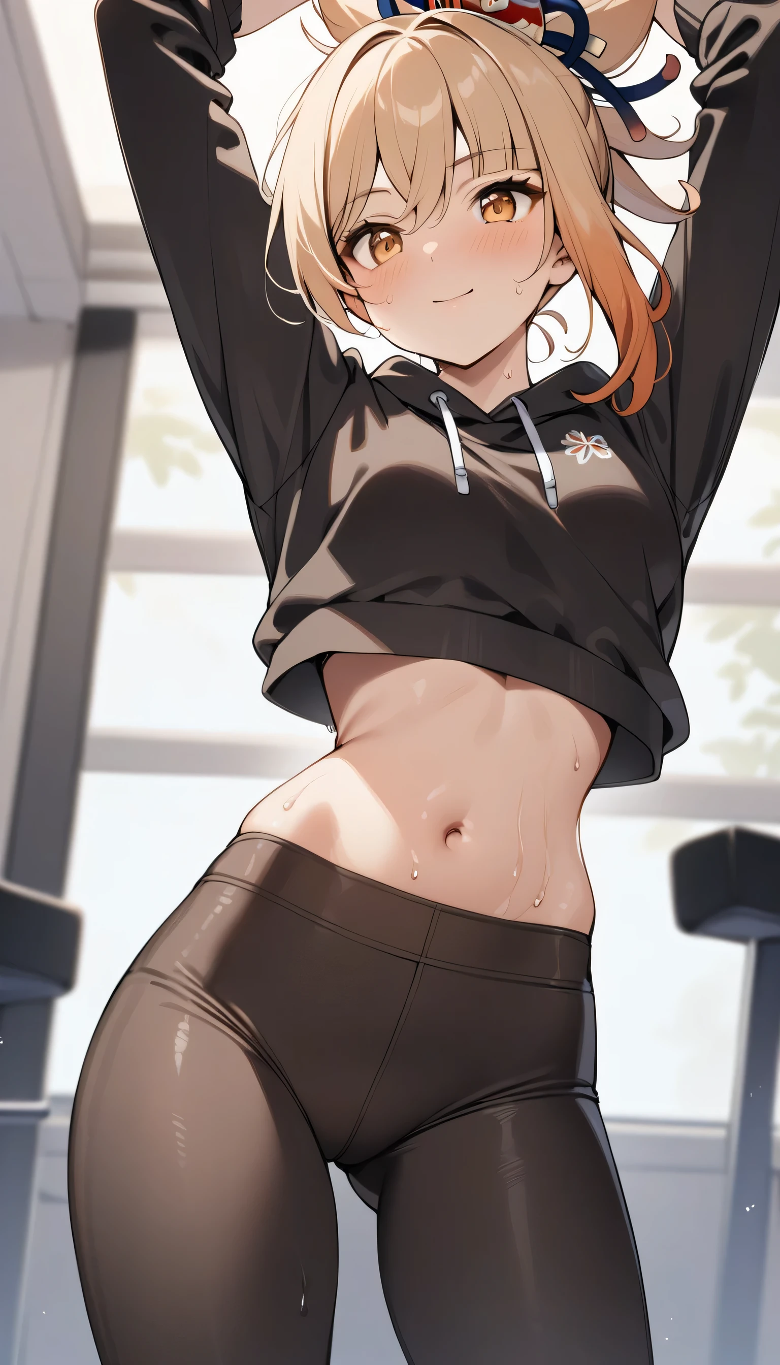 1girl, solo, (masterpiece), best quality, expressive eyes, perfect face, cowboy shot, low angle, (close-up legs), Yoimiya 'Genshin Impact', blonde hair, short hair, in a TRAINING CROPPED oversized black HOODIE, navel, midriff, long sleeves, wearing leggings, spandex, standing, fit check, contrapposto, (arms up), sweaty midriff, light smile, gym background,